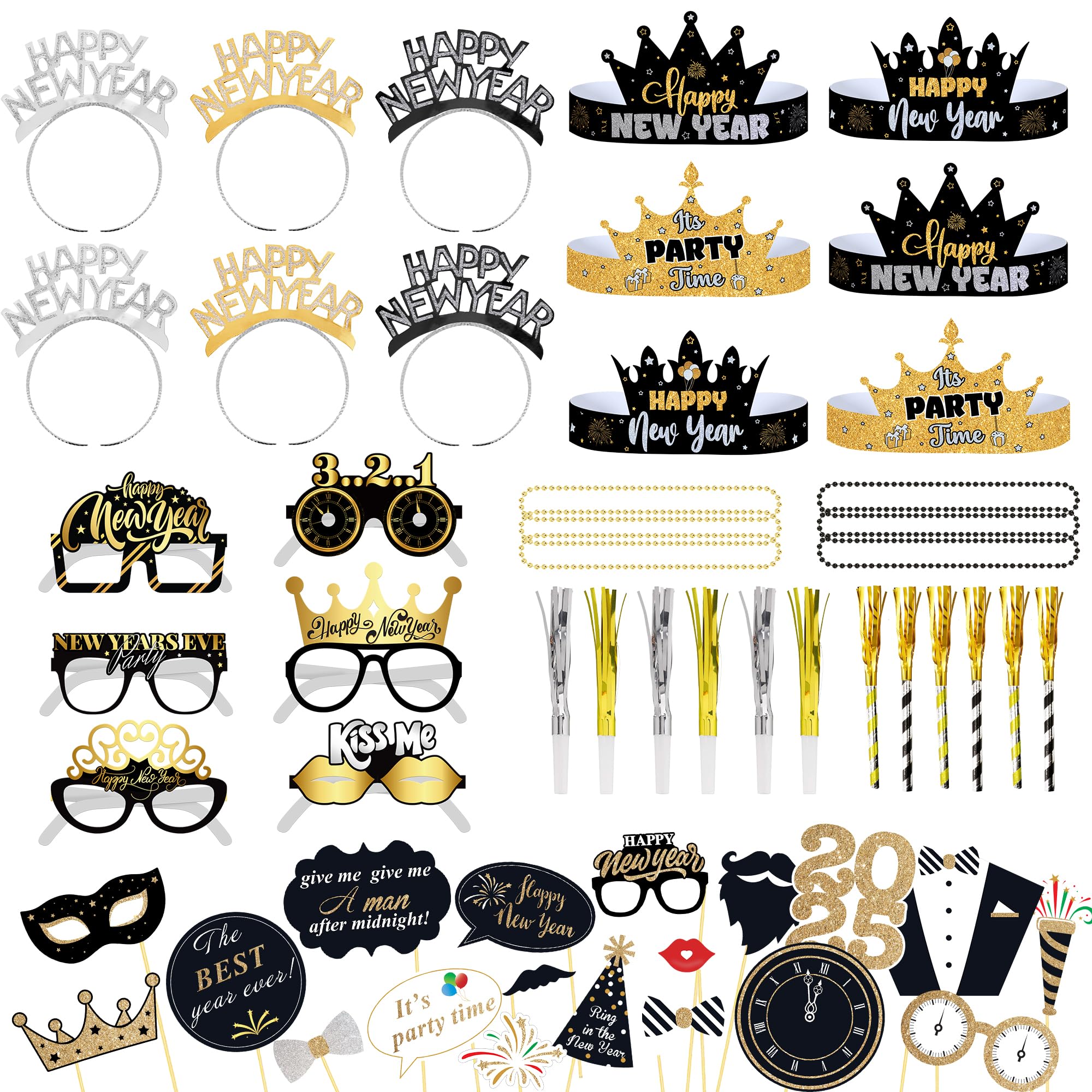 KatchOn 2025 New Year's Eve Party Supplies Set - 74-Piece Kit with Photo Props, Hats, Headbands & Glasses | NYE Decorations & Accessories for Countdown Celebrations, Ball Drops & New Year Parties