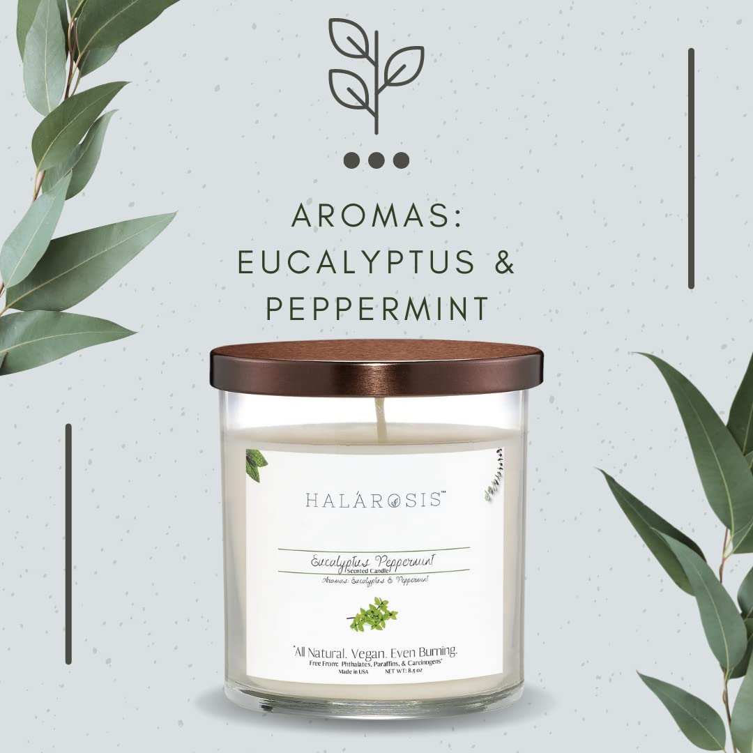 Halarosis Natural Soy Candles - Long-Lasting Peppermint Scented Candle (8.5oz) - 45 Hour Burn Time - Cotton Wick for Clean Burning - Perfect for Home, Office, Meditation & Gift Giving (Birthday, Anniversary, Housewarming)
