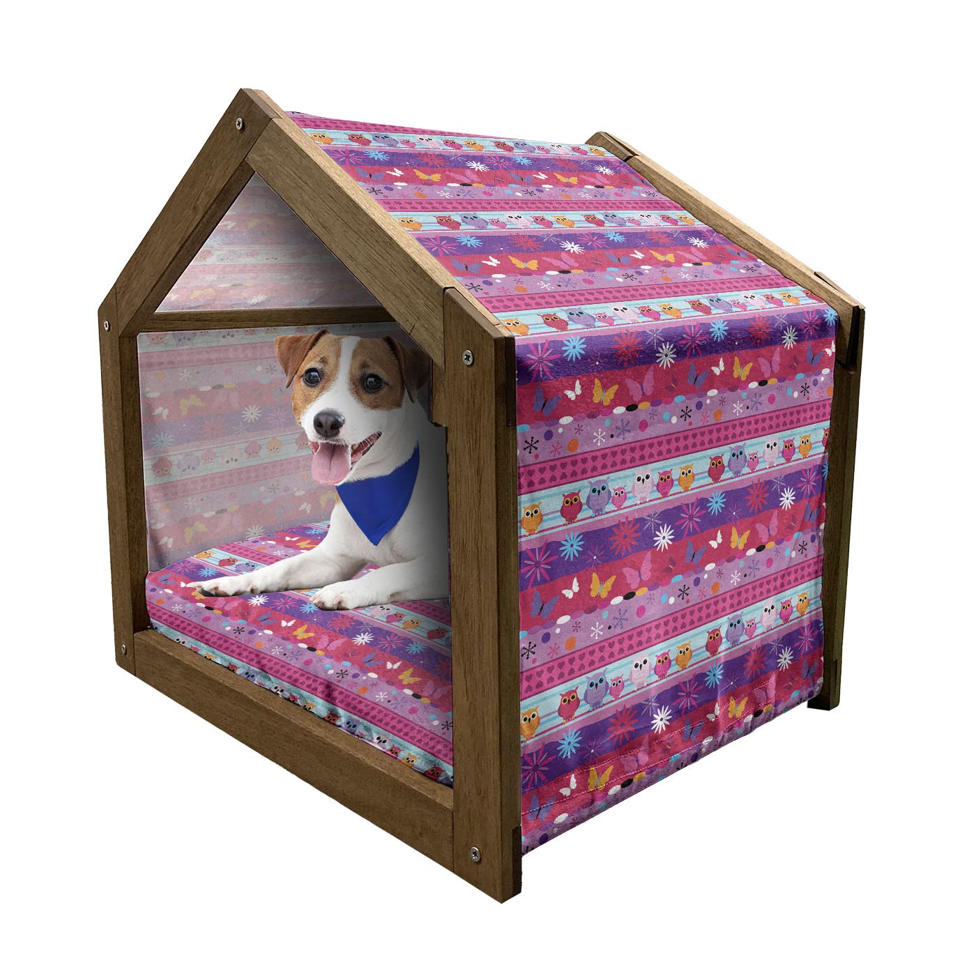 Ambesonne Owl Wooden Pet House - Striped Cartoon Style Dog Kennel with Owls, Flowers, Butterflies, Hearts & Snowflakes Pattern - Indoor & Outdoor Portable Dog Bed with Pillow & Cover - Large Size Multicolor Pet House for Small to Medium Dogs - Perfect for Home, Garden, Patio & Travel Use