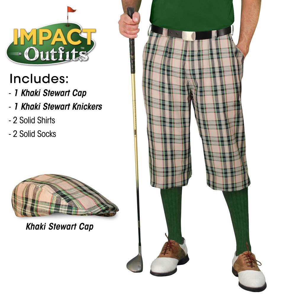 Impact Plaid Golf Outfits for Men - Khaki Stewart Tartan Pants & Shirt Set - Comfortable Stretch Fabric for Golf Course & Casual Wear