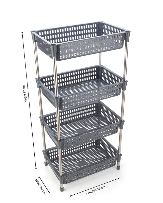 Stainless Steel & Plastic 4-Tier Kitchen Organizer Shelf - Multi-Purpose Fruit & Vegetable Storage Rack for Pantry, Living Room & Office (Grey, Space-Saving Design) - Perfect for Small Spaces & Home Organization