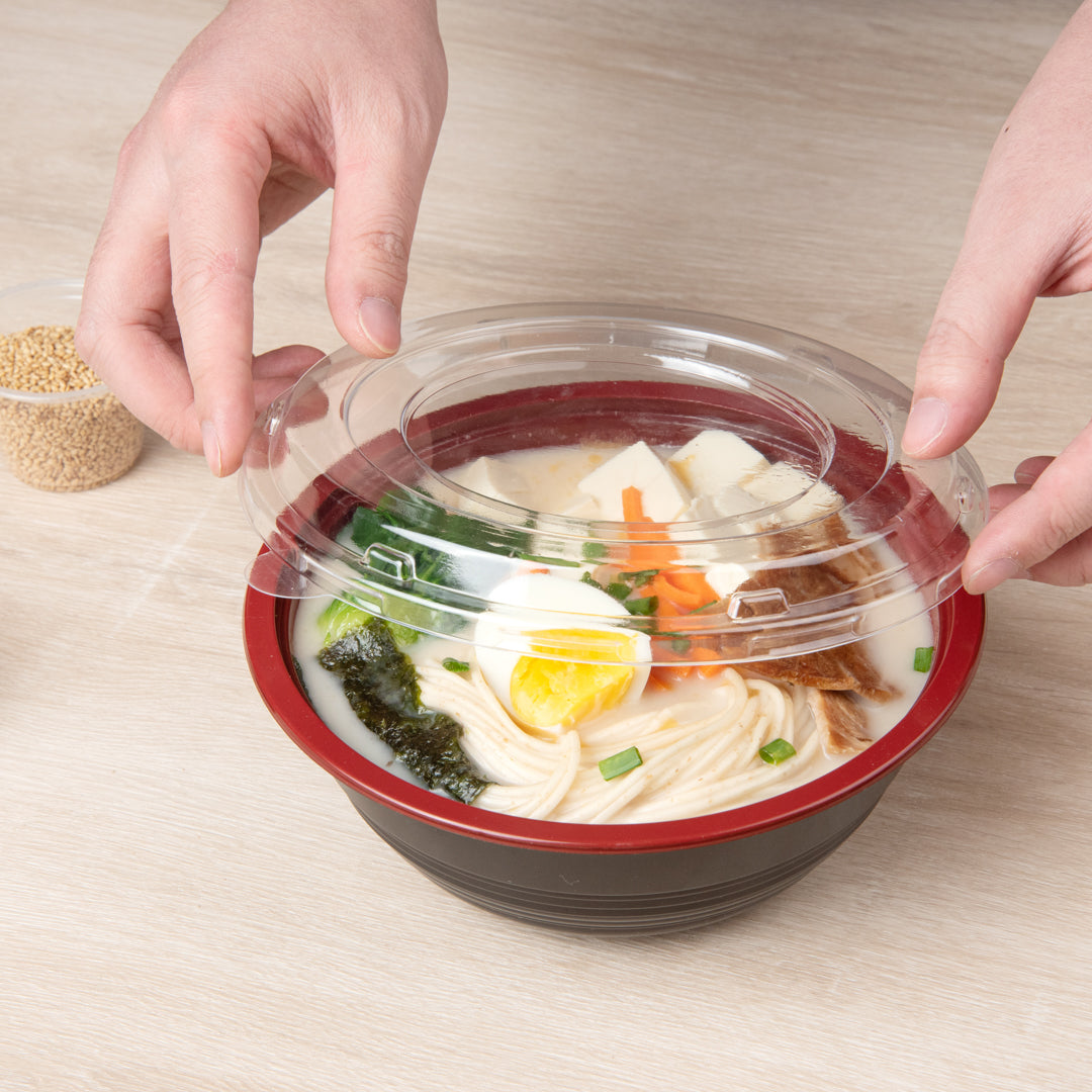 34oz Large Asian Panda Bowl with Clear Lid - Round Black & Red Plastic Microwave-Safe Food Storage Container (7.25