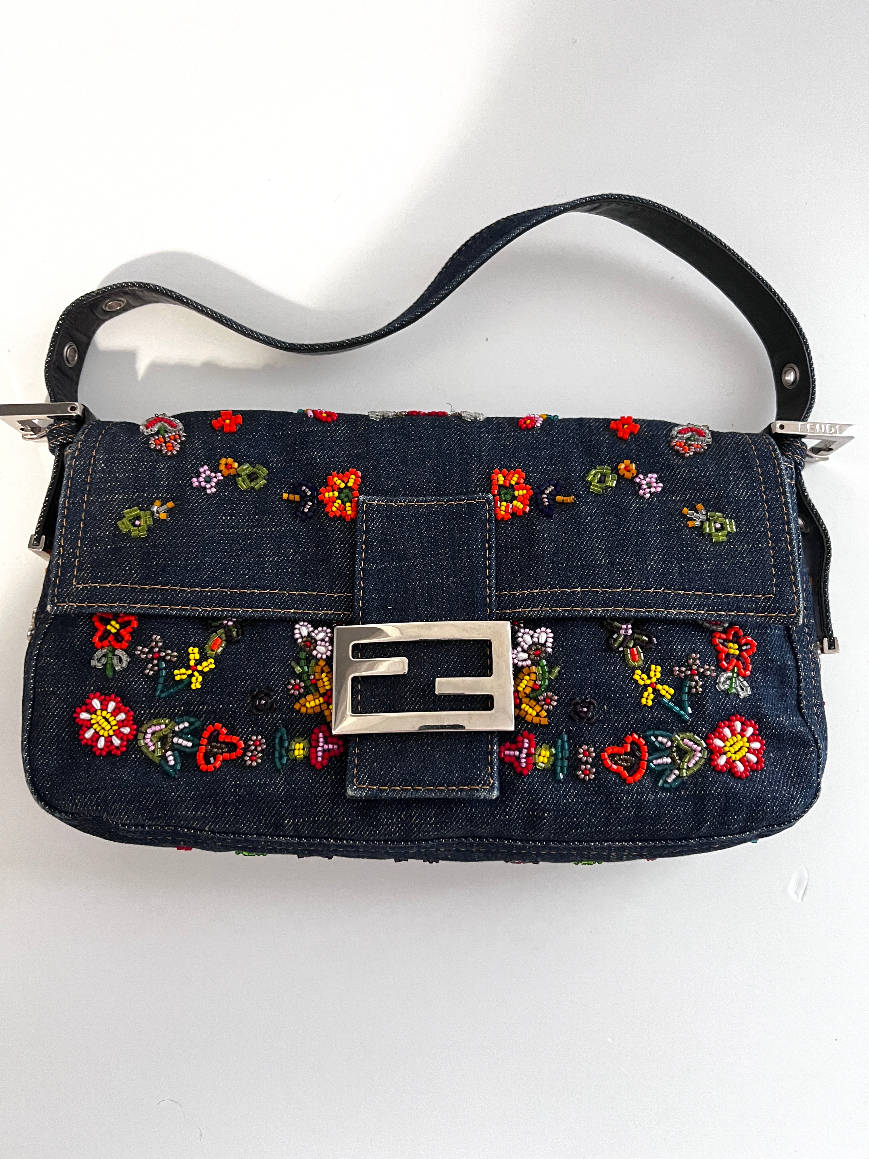 Fendi 15th Anniversary Limited Edition Denim Floral Beaded Baguette Handbag - Perfect for Parties, Weddings & Special Occasions