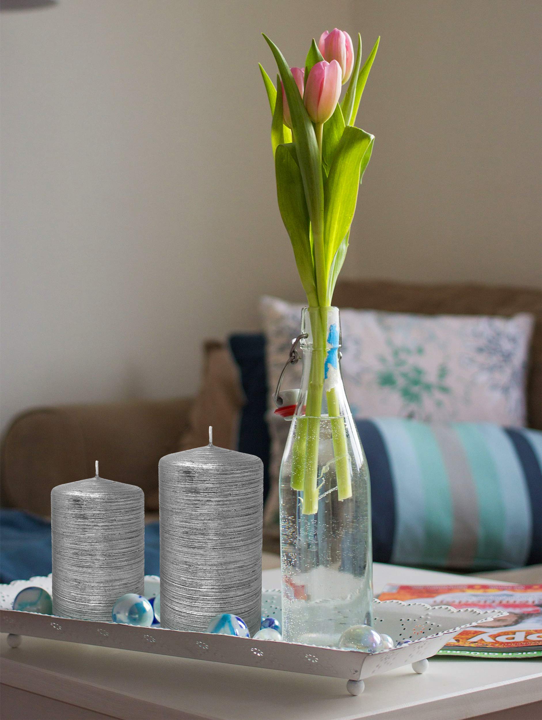 Hyoola Brushed Metallic Pillar Candles 6 Pack - Titan Silver Decorative Candles (2.75
