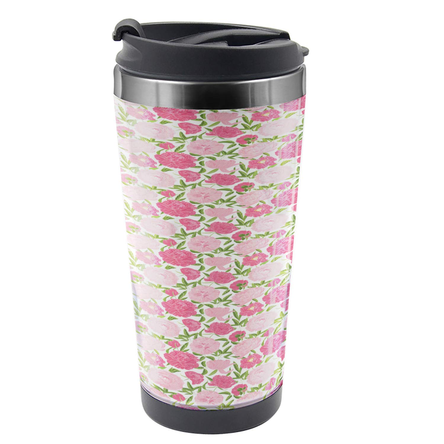 Ambesonne Peony Travel Mug - 16 oz Stainless Steel Thermal Cup with Romantic Floral Design in Pink & Lime Green - Perfect for Coffee, Tea & Hot Drinks On The Go