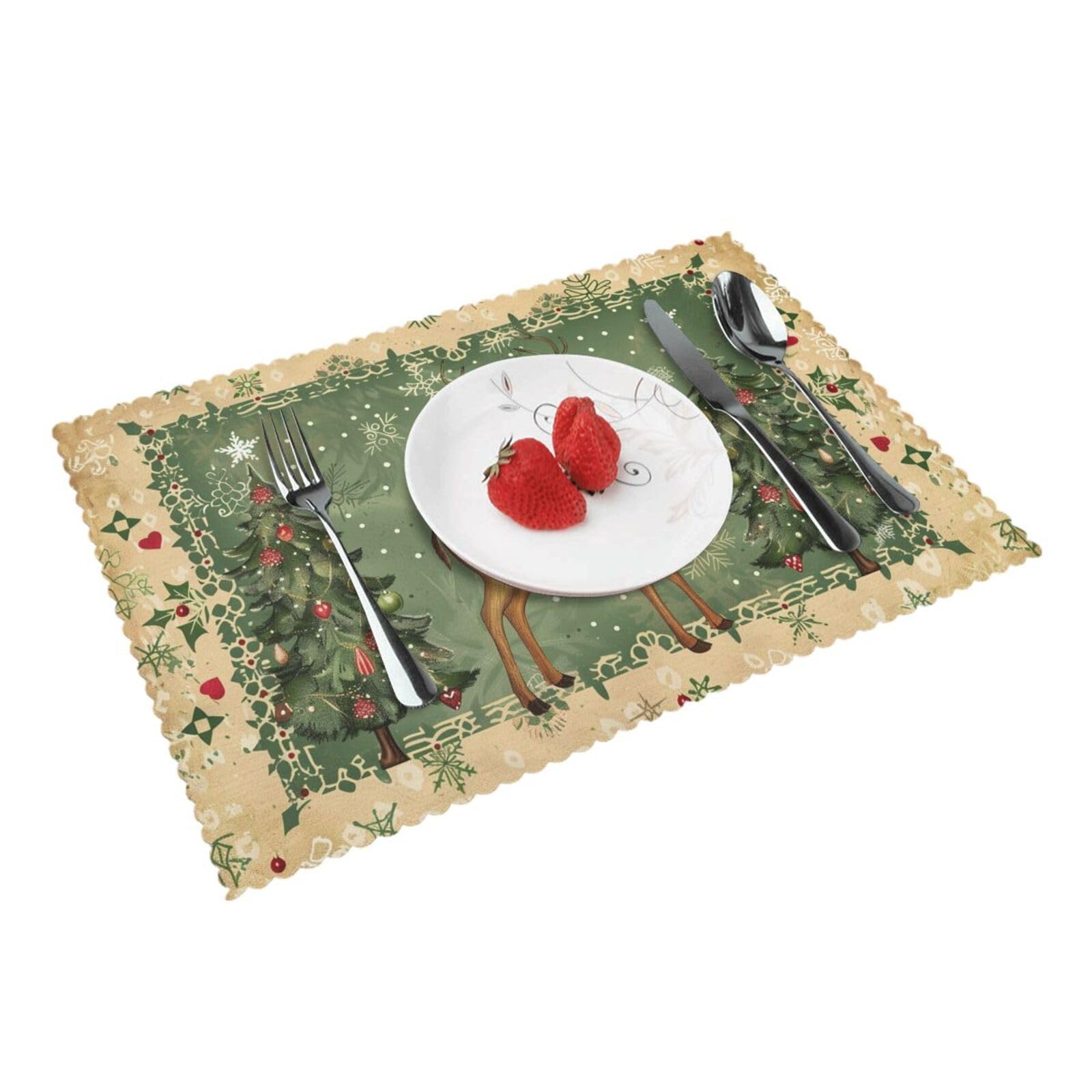 4-Pack Christmas Tree Placemats Set - 12x18 Inch Snowflake & Deer Design Washable Heat-Resistant Table Mats for Kitchen Dining - Perfect for Holiday Decorations, Family Gatherings & Festive Meals