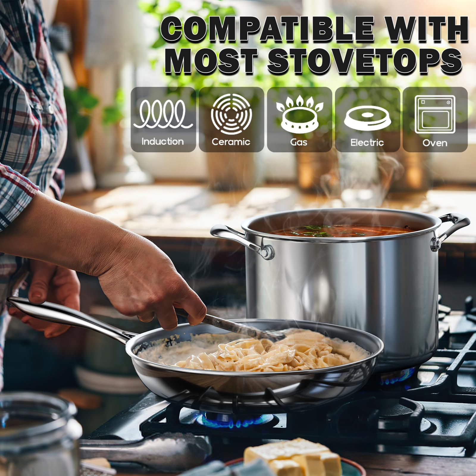 Premium 12-Piece Stainless Steel Cookware Set - Multi-Ply Clad Pots & Pans with Stay-Cool Handles, Oven & Dishwasher Safe (500°F) - Ideal for Professional Chefs & Home Cooking Enthusiasts