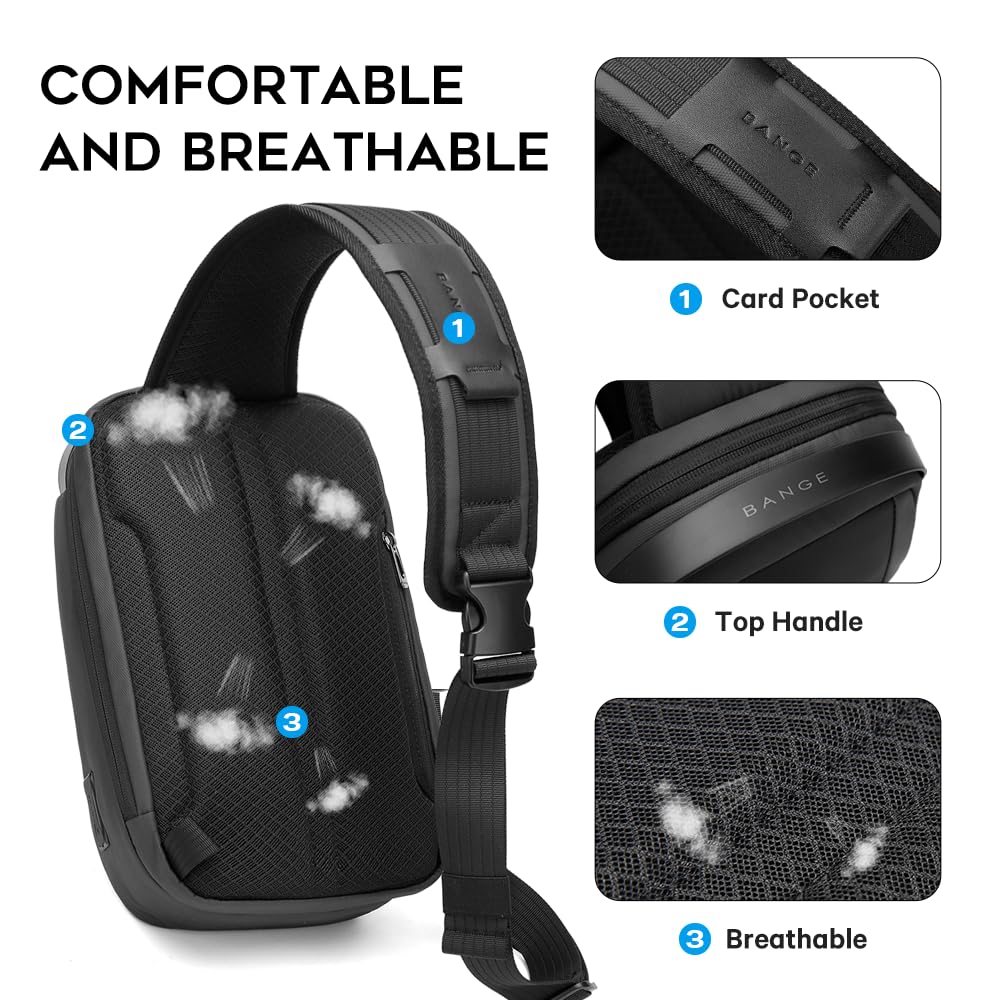 BANGE Men's Sling Bag - Lightweight Crossbody Shoulder Bag for Travel, Gym & Everyday Use - Durable Nylon Messenger Bag with Adjustable Strap (Black) - Perfect for Hiking, Commuting & Outdoor Activities