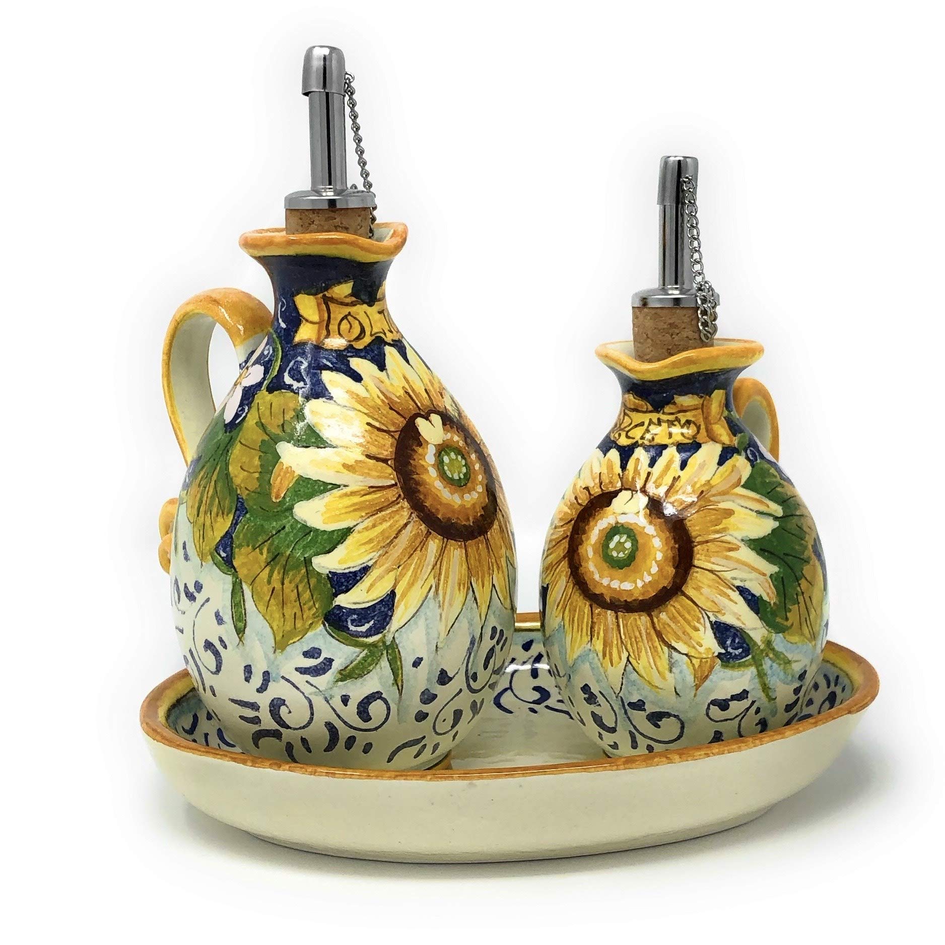 Italian Ceramic Oil and Vinegar Cruet Set with Sunflower Design - Hand Painted Tuscan Art Pottery Made in Italy | Perfect for Kitchen Decor, Dining Table Centerpiece & Gift Giving
