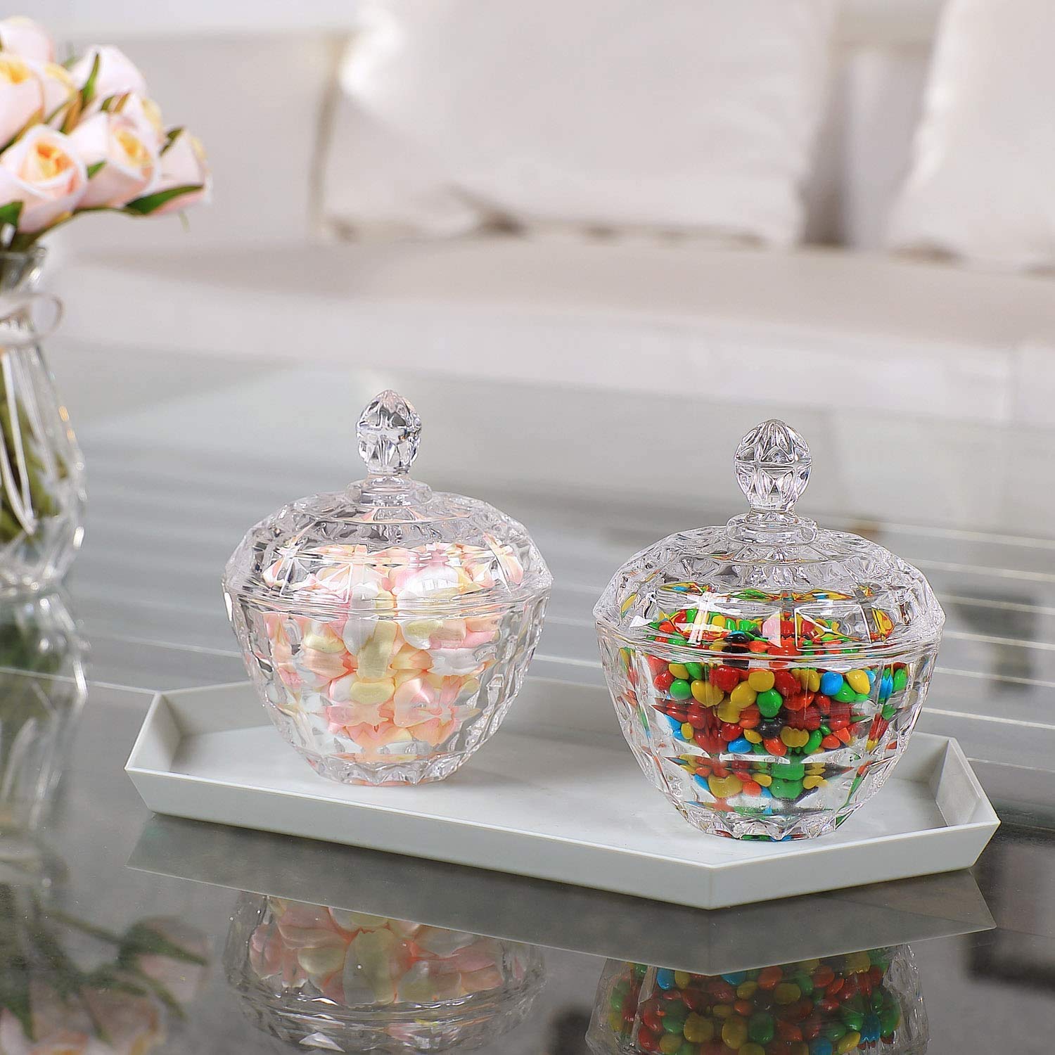 ComSaf Clear Glass Candy Dish with Lid (2 Pack) - Airtight Covered Candy Bowl & Crystal Candy Jar for Home, Kitchen, Office - Perfect for Parties, Weddings, Birthday Gifts & Holiday Treats