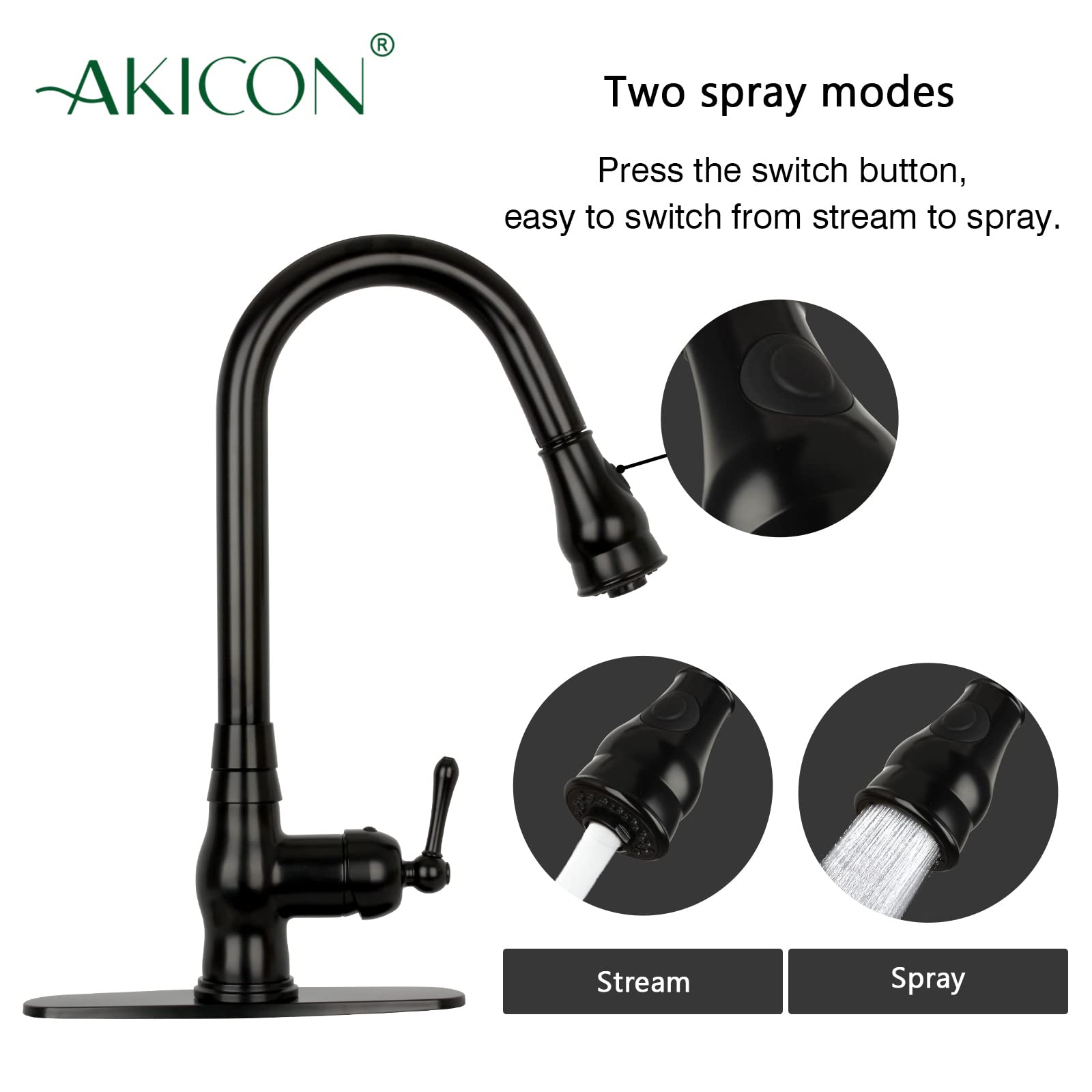 Akicon Matte Black One-Handle Pull-Down Kitchen Faucet with Deck Plate - Solid Brass Durable Design for Modern Home Kitchens and Sinks