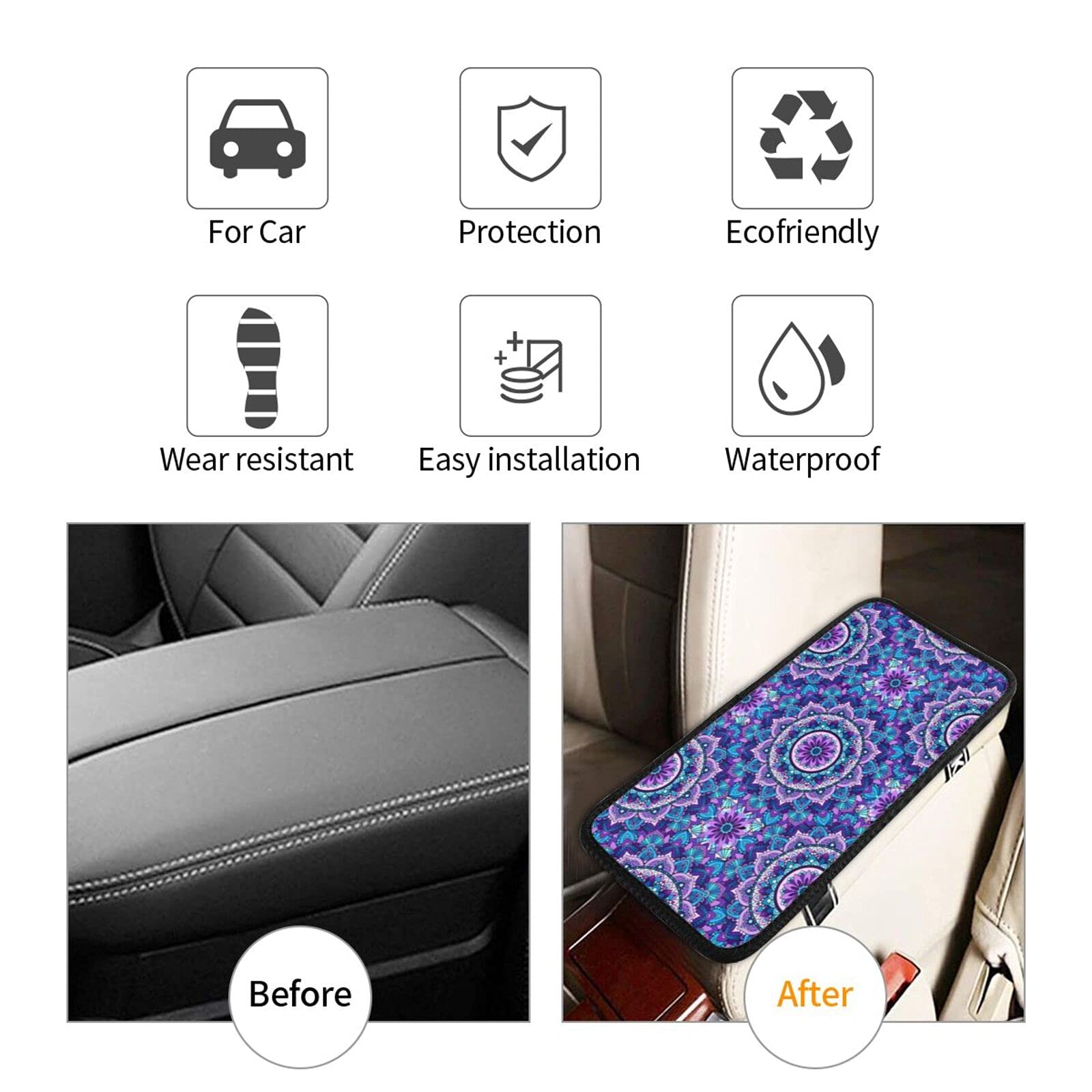 Purple Mandala Flowers Car Center Console Cover Pad - Soft Armrest Cushion for Comfort & Style - Universal Fit for Most Vehicles - Perfect for Road Trips, Commuting & Car Decor