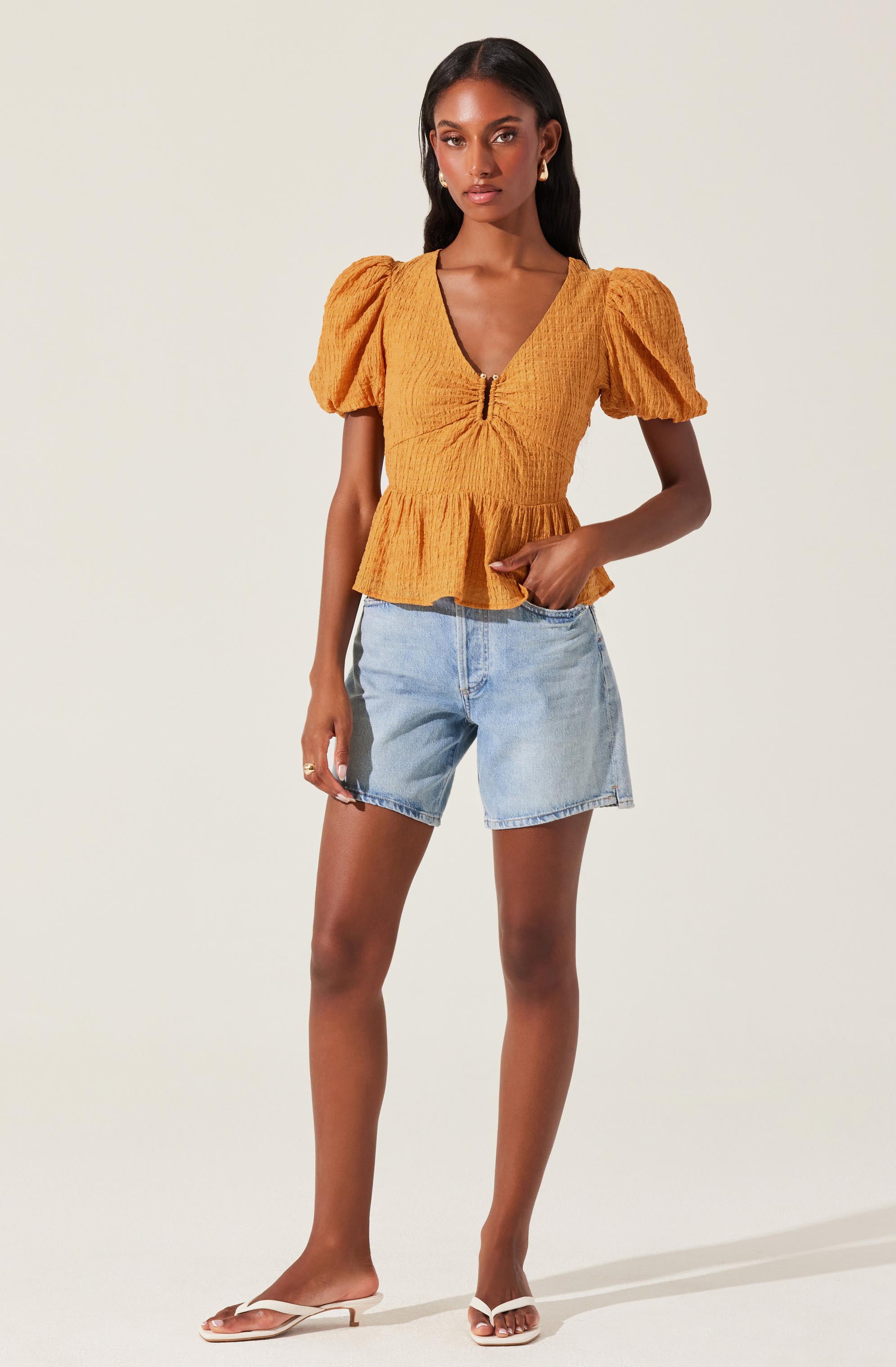 Mylah Women's Puff Sleeve Peplum Tops - Flattering Blouse for Casual Wear, Office & Date Night Outfits