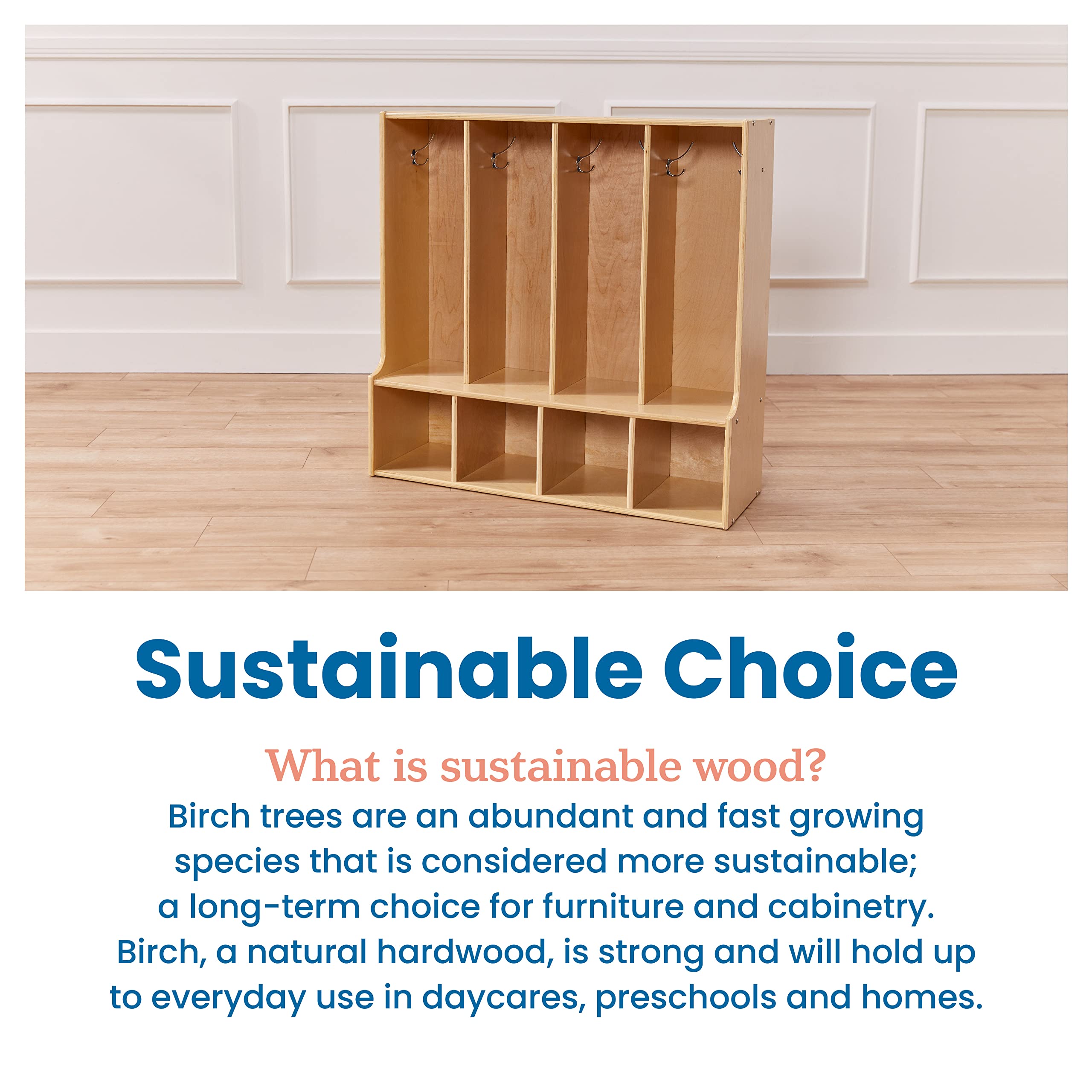ECR4Kids Streamline 4-Section Coat Locker with Bench - Natural Wood Toddler-Sized Storage Furniture for Daycare, Preschool & Home Entryway Organization