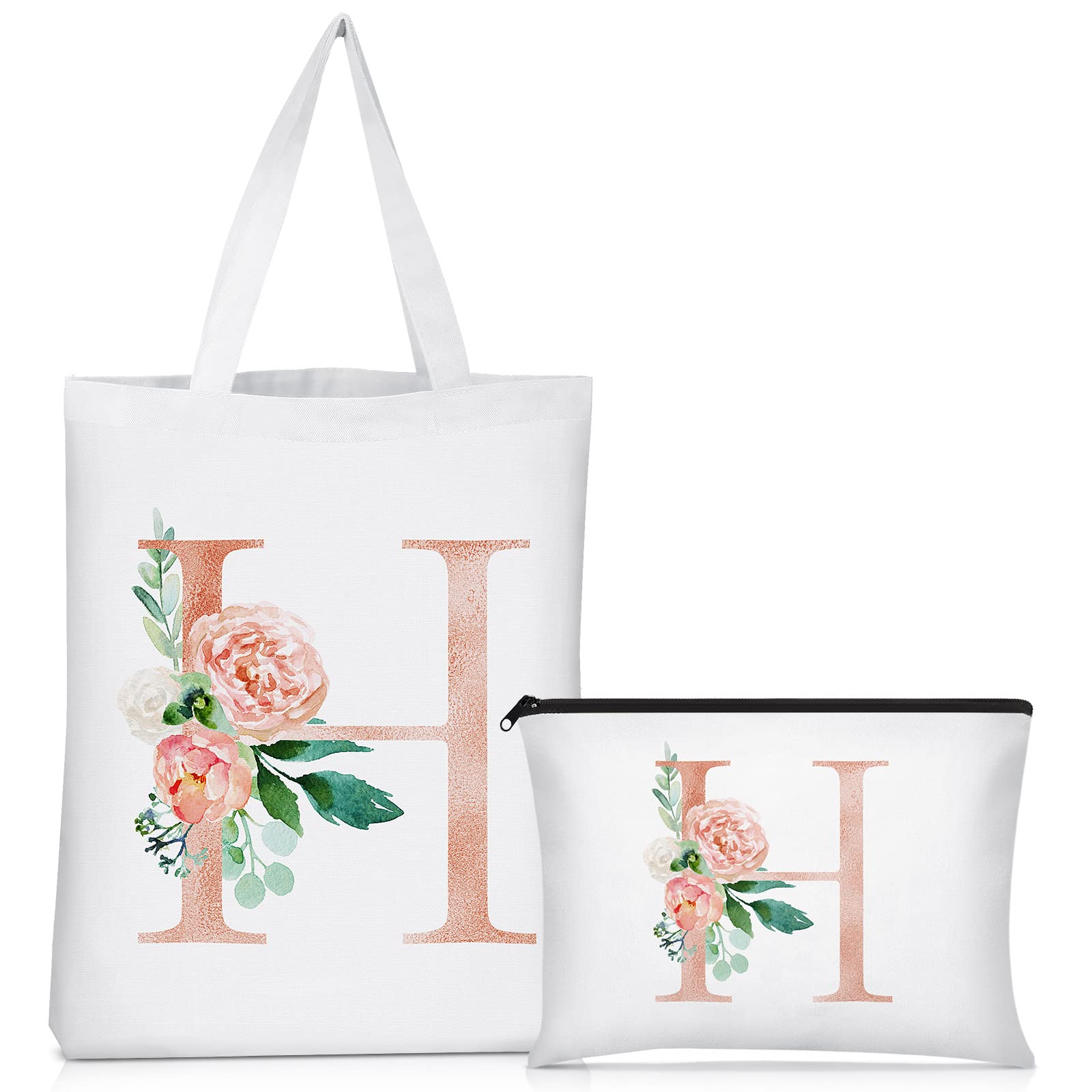 2 Pcs Personalized Floral Monogram Canvas Tote Bags - Women's Initial Cosmetic & Travel Bags for Wedding, Bridal Shower & Beach Day Essentials
