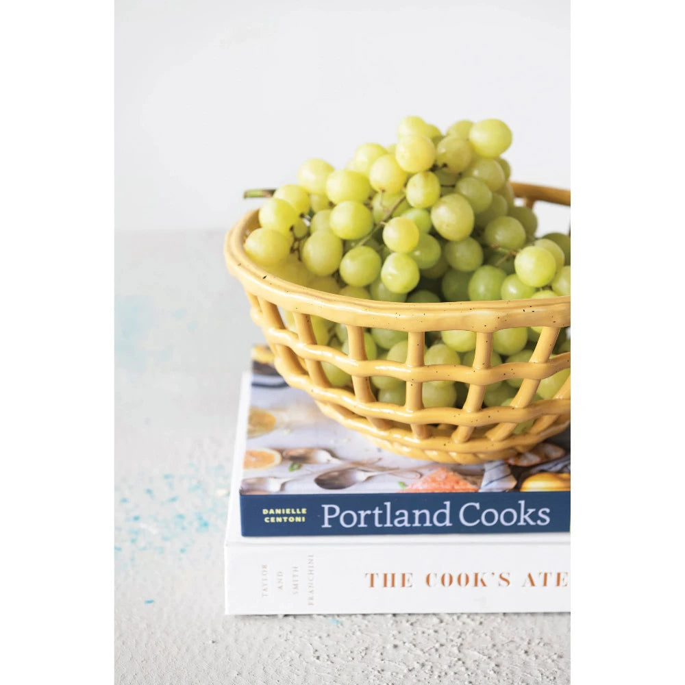 Mustard Stoneware Basket - Handmade Ceramic Storage Basket for Home Decor, Kitchen & Bathroom Organization | Perfect for Fruits, Bread, Towels & More