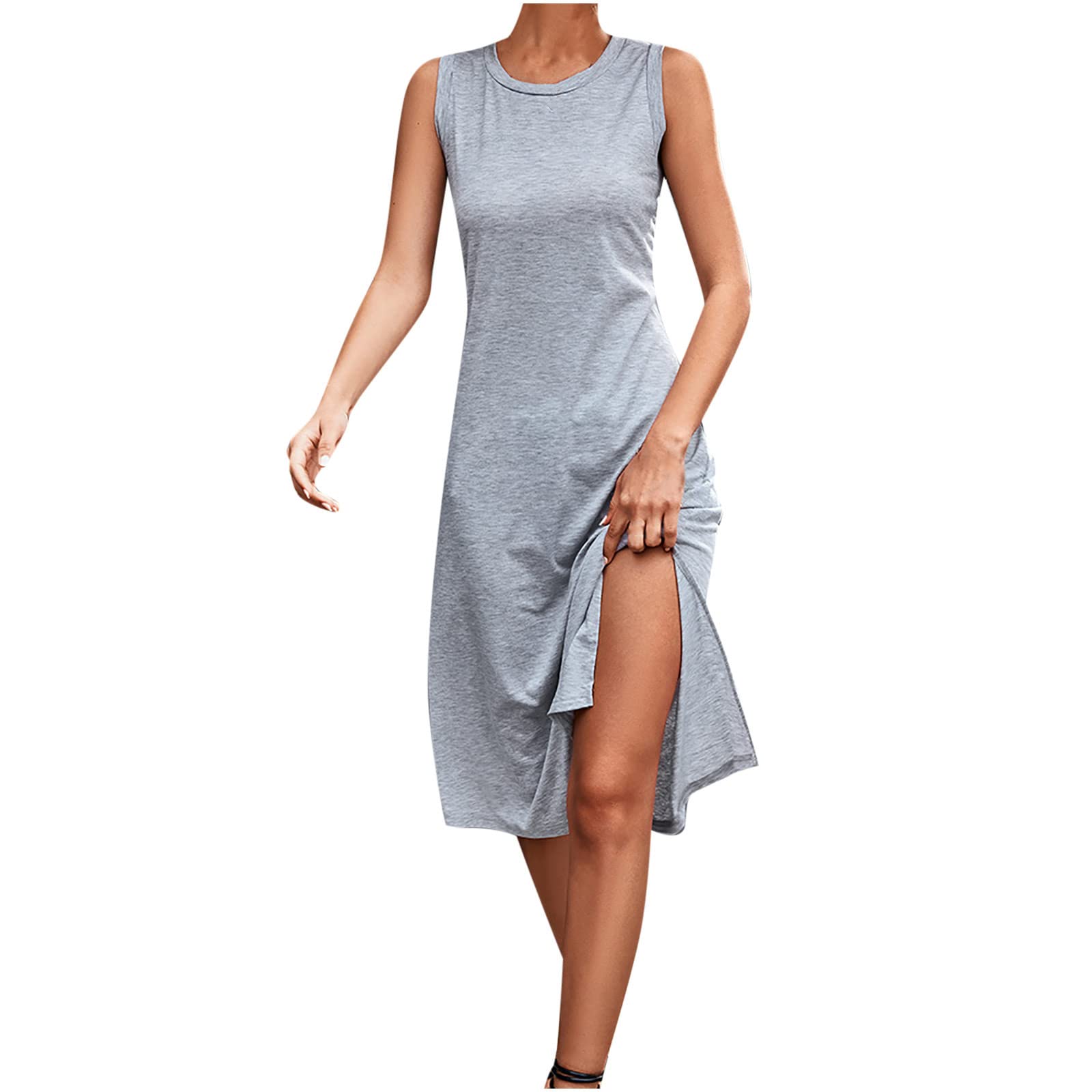 bmkBWO Women's Sleeveless Summer Dress - Crewneck Midi Sundress in Solid Colors, Loose Fit Casual Shift Dress for Beach, Vacation & Everyday Comfort | Perfect for Outdoor Activities, Travel & Relaxing