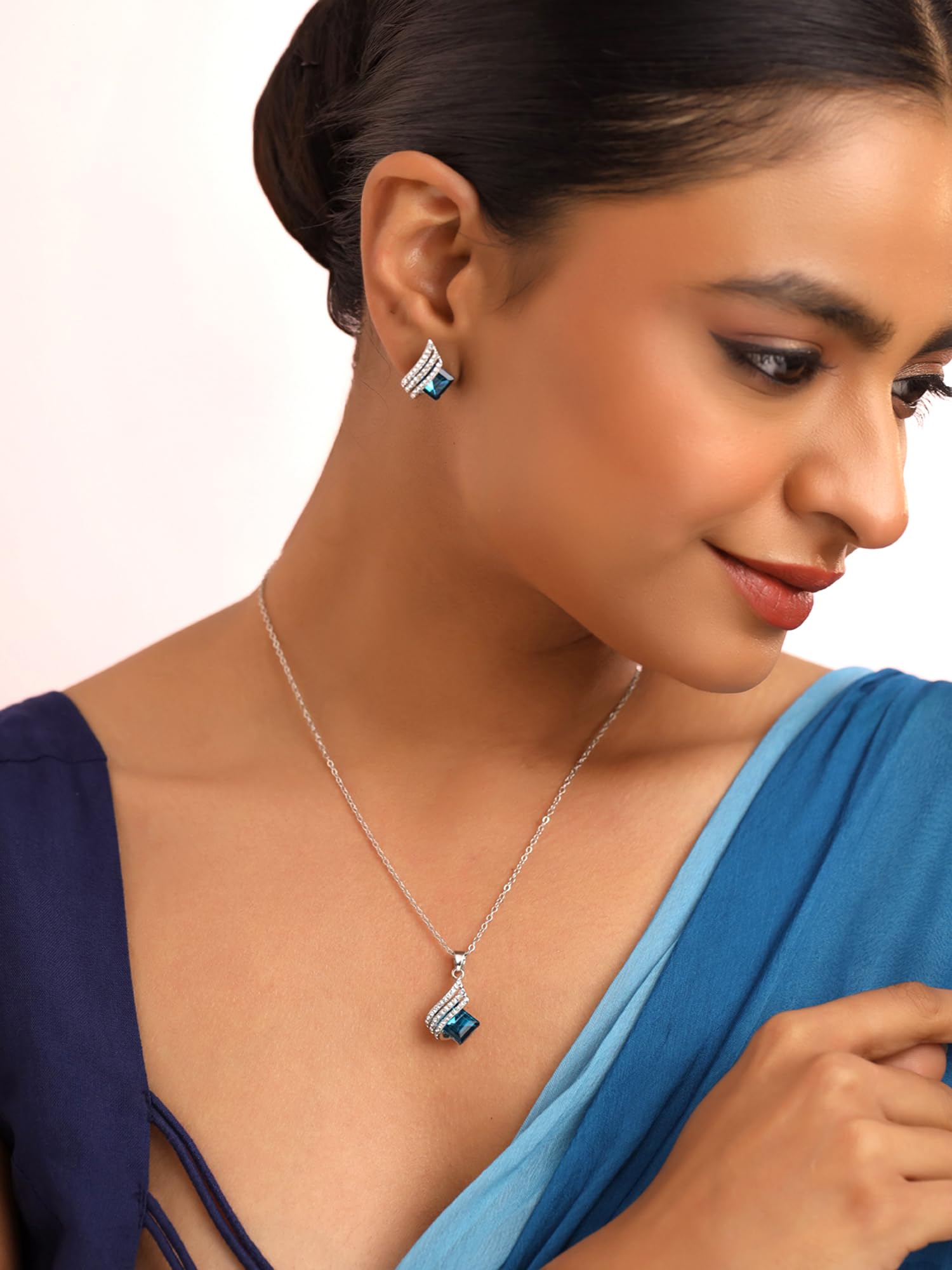 Elegant Yellow Chimes & Blue Crystal Pendant Set for Women and Girls - Silver Tone Necklace with Matching Earrings | Perfect Birthday, Valentine's Day Gift | Ideal for Parties, Date Nights, and Special Occasions