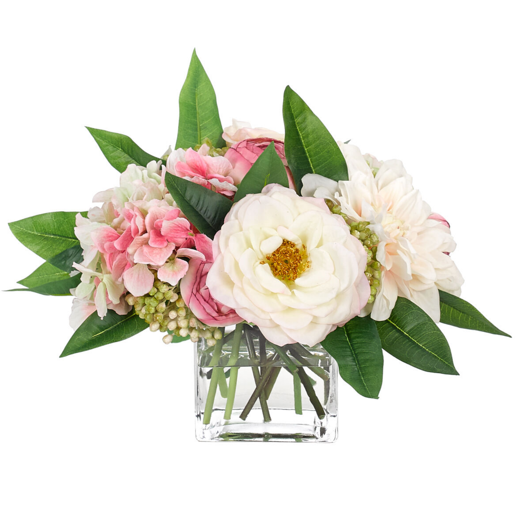 11 Artificial Pink & Cream Roses and Dahlias in Glass Cube - Elegant Home Decor, Wedding Centerpiece, Table Arrangement, Gift Idea