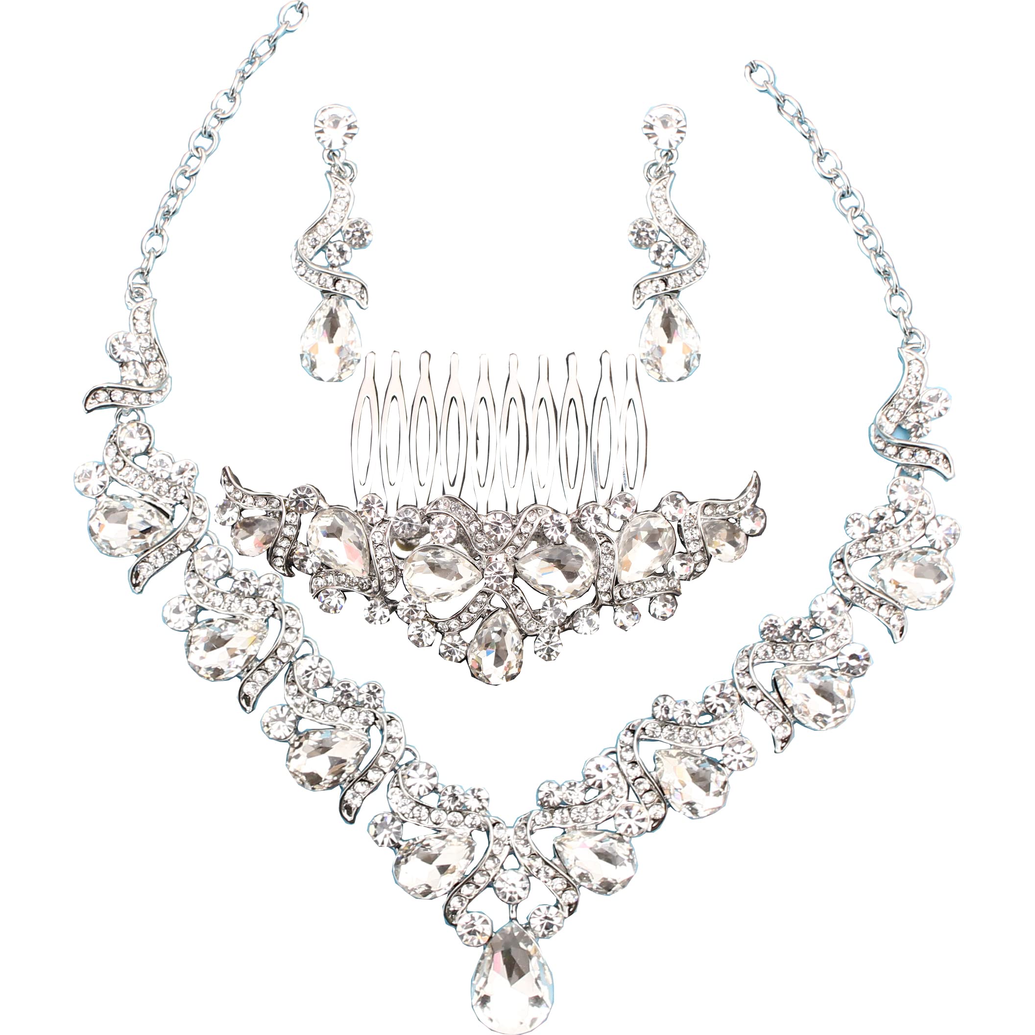 QYJ Women's Rhinestone Jewelry Set - Tiara Crown, Necklace, Dangle Earrings, Bangle Bracelet & Ring in White/KC Gold Plated | Elegant Wedding, Bridal & Bridesmaid Jewelry for Parties, Prom & Special Occasions