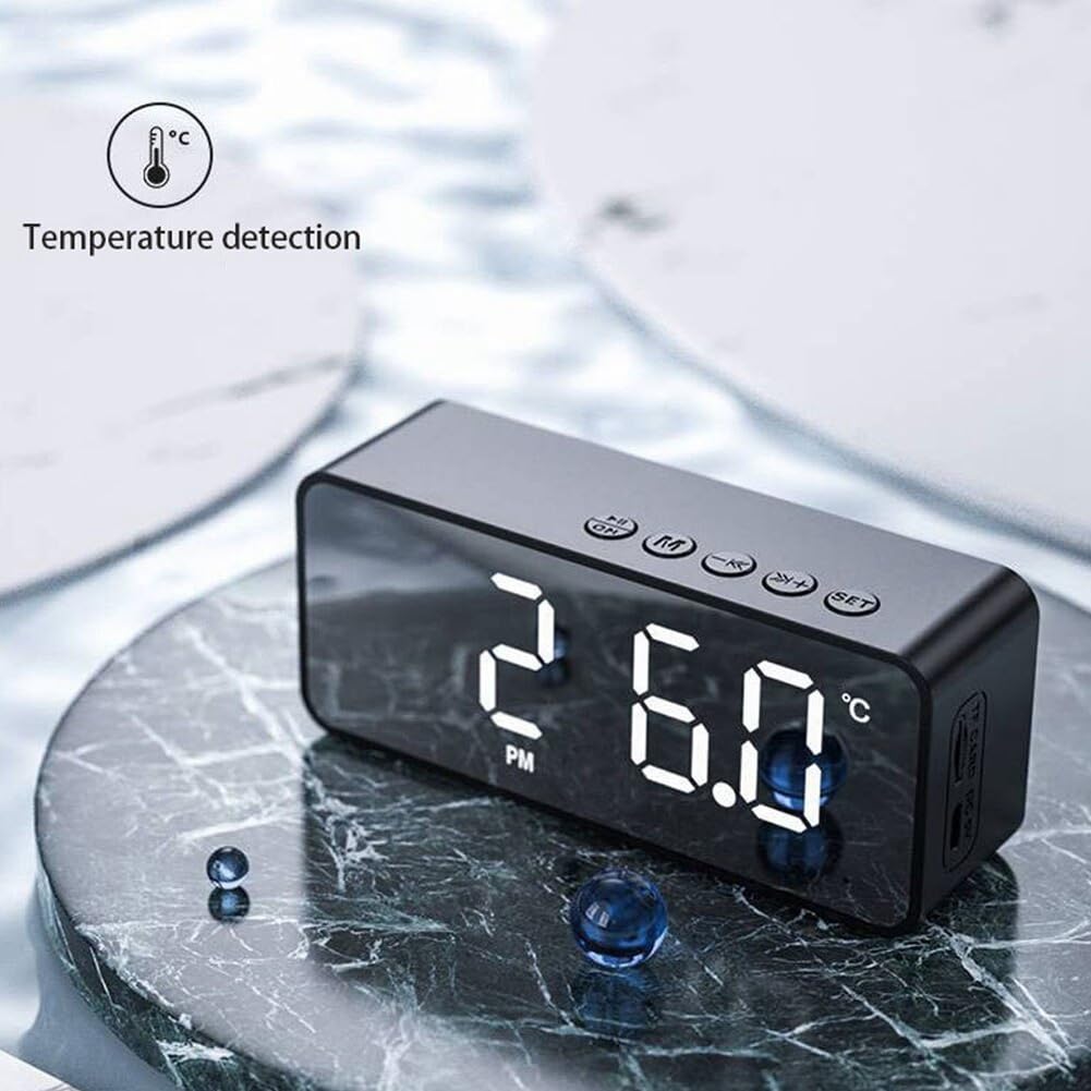 TYREE G50 Wireless Bluetooth Speaker with Alarm Clock, FM Radio, Temperature Display, and Mirror - Portable Mini Audio for Home, Office, Travel & Outdoor Use - Easy to Use Black Speaker
