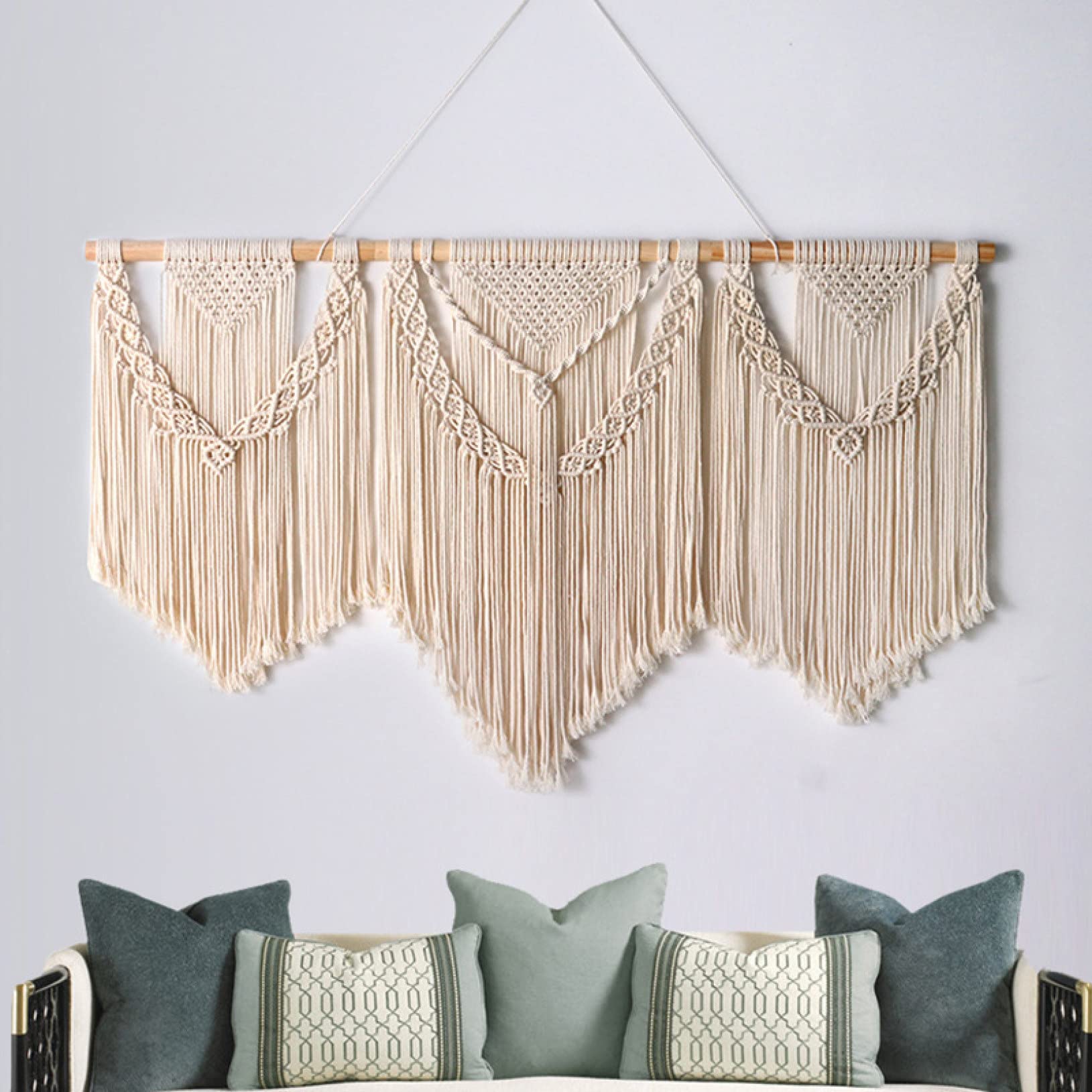 FONSMAY Large Macrame Wall Hanging with Wooden Stick - Handwoven Boho Tapestry with Tassels for Wedding Backdrop, Living Room Decor & Bedroom Wall Art