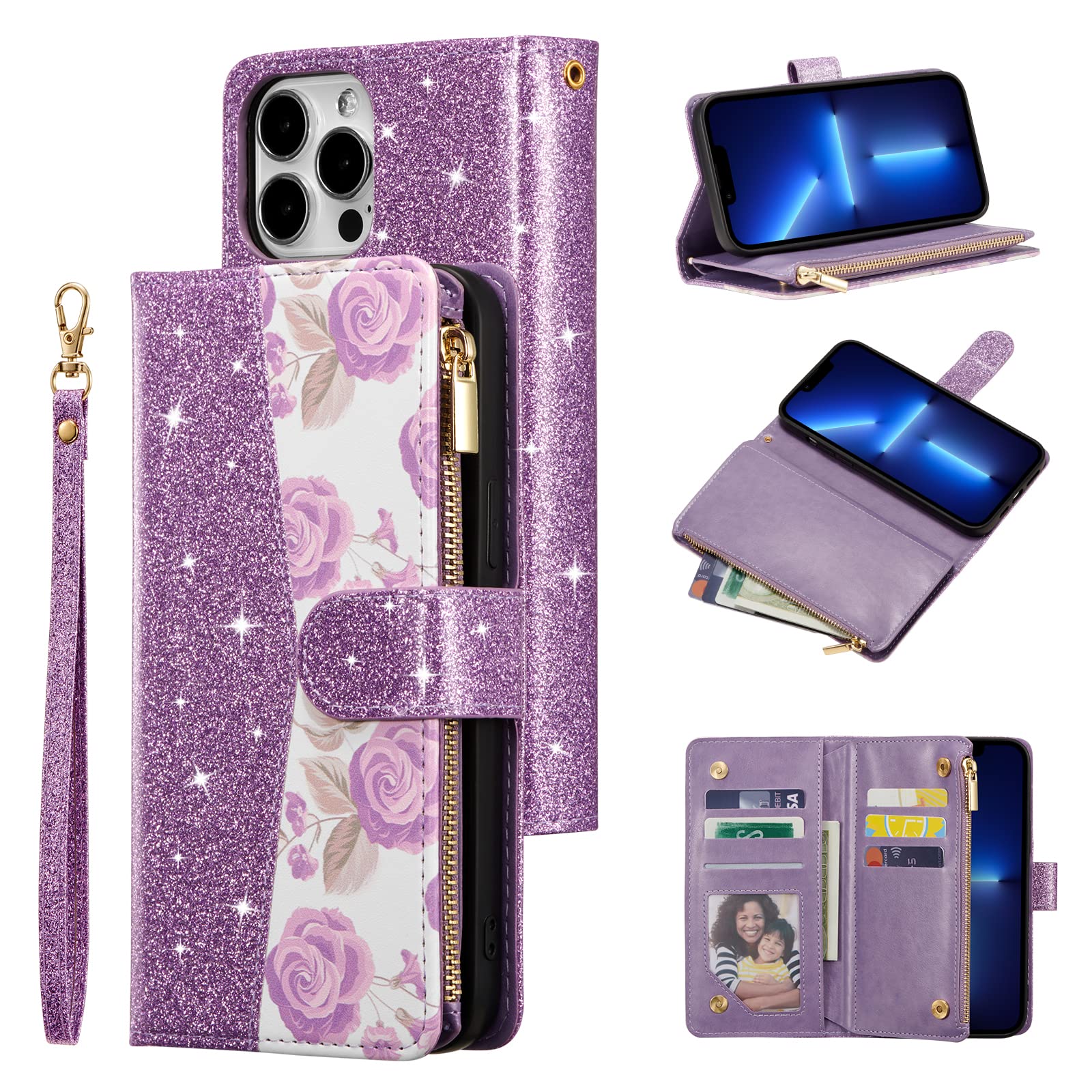 UEEBAI Wallet Case for iPhone 13 Pro Max - PU Leather Magnetic Closure with Zipper Pocket, Kickstand, Card Slots & Hand Strap | Rose Gold Flip Phone Case for Women (Bling Purple) - Perfect for Travel, Shopping & Everyday Use