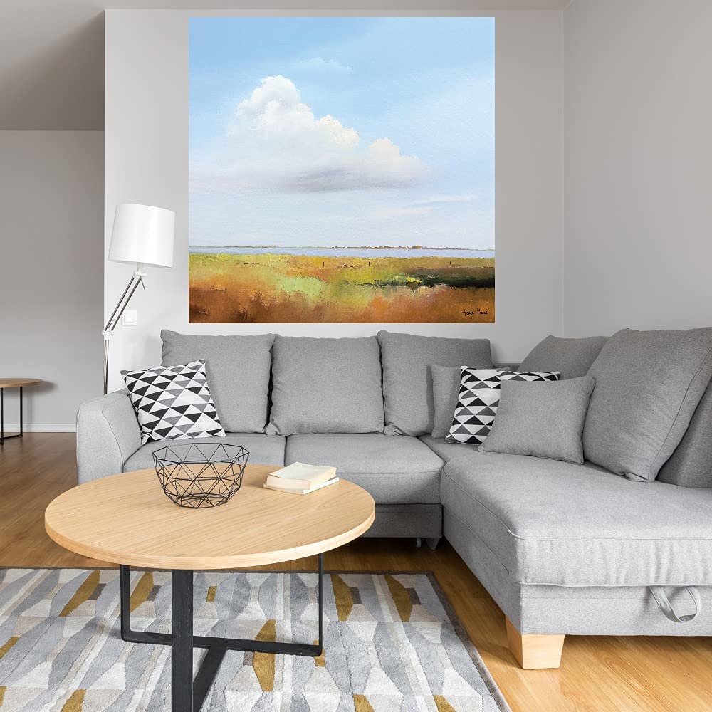 Clouds Above the Lake Light Canvas Wall Art - Hand Painted Fine Art by Hans Paus - 22x22 Inches - Ready to Hang - Perfect for Living Room, Bedroom, Office & More - Home Decor, Housewarming Gift, Modern Wall Art for Interior Design