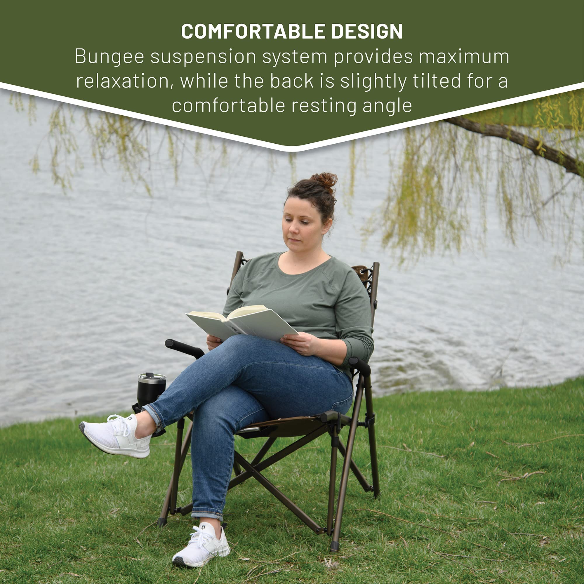 TIMBER RIDGE Heavy Duty Folding Camping Chairs for Adults - 300 lbs Capacity, Padded Seat with Armrests & Cup Holder, Portable Collapsible Outdoor Chair for Camping, Beach, Fishing, Picnics, Backyard, and Lawn - Grey