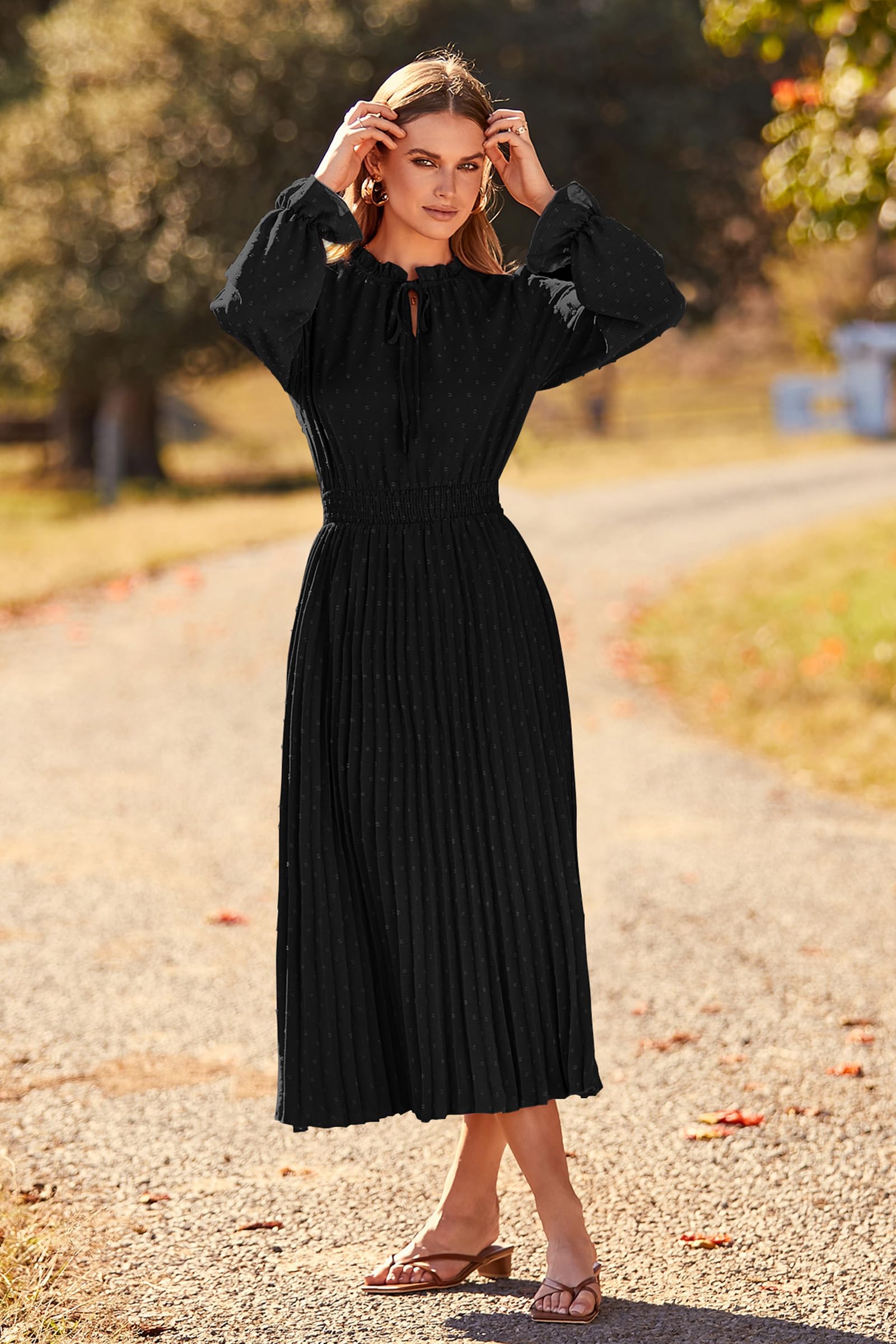 PRETTYGARDEN Women's 2025 Spring Fall Casual Midi Dress - Long Sleeve V-Neck Swiss Dot Pleated A-Line Flowy Dress for Work, Date Night & Special Occasions