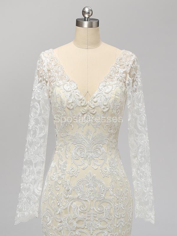 Elegant Long Sleeve Backless Lace Mermaid Wedding Dress - Romantic A-Line Bridal Gown for Beach, Church & Outdoor Ceremonies | WD585