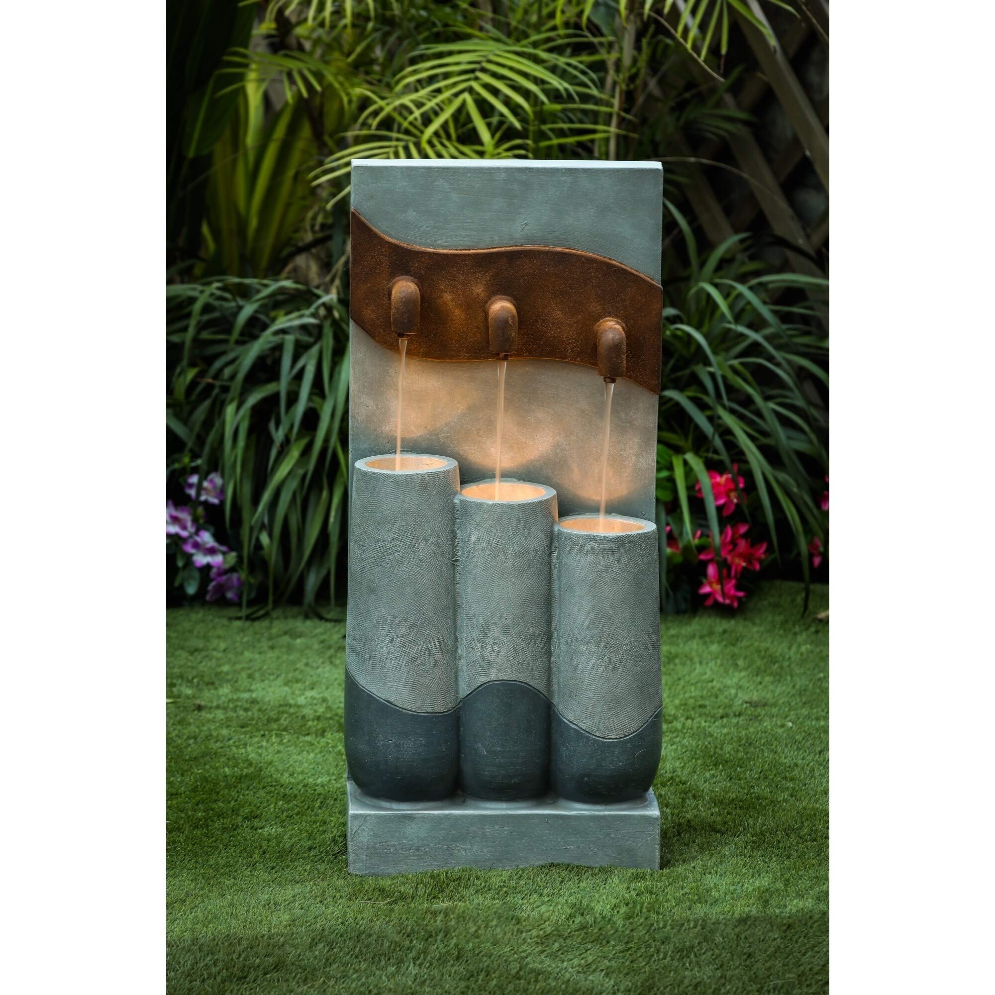 Modern Cement Outdoor Patio Fountain with LED Lights - Brown Grey Contemporary Stone Water Feature for Garden, Yard, and Landscape Decor