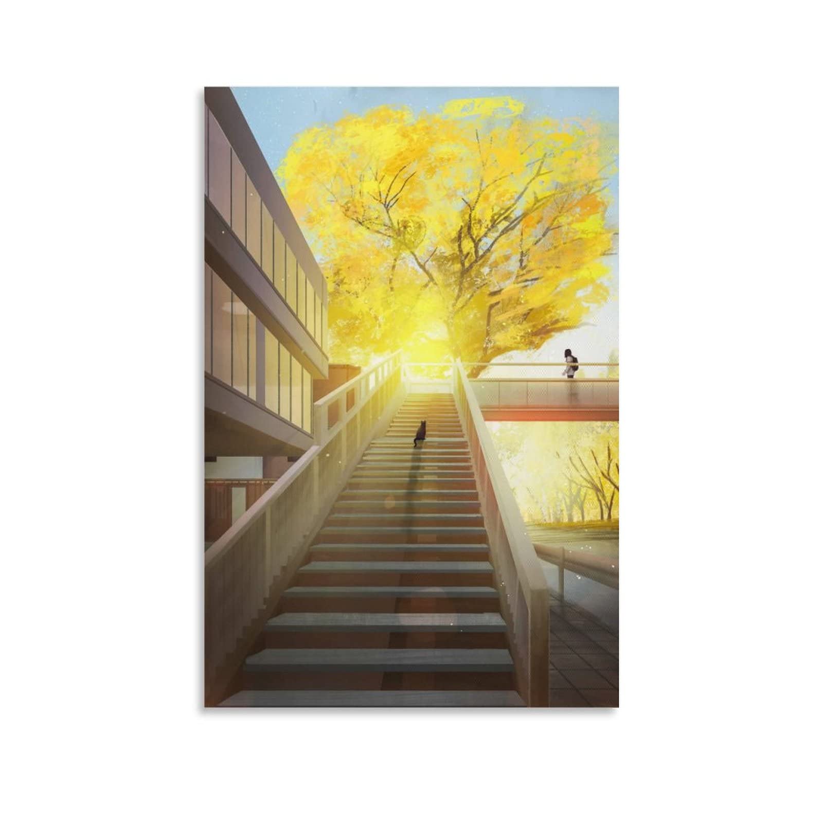 Ruowang Autumn Campus Cat Poster - Afternoon Sun Yellow Tree Scenery Canvas Wall Art for Bedroom Decor, 08x12inch (20x30cm) - Perfect for Dorm Rooms, Living Spaces & Cozy Home Offices