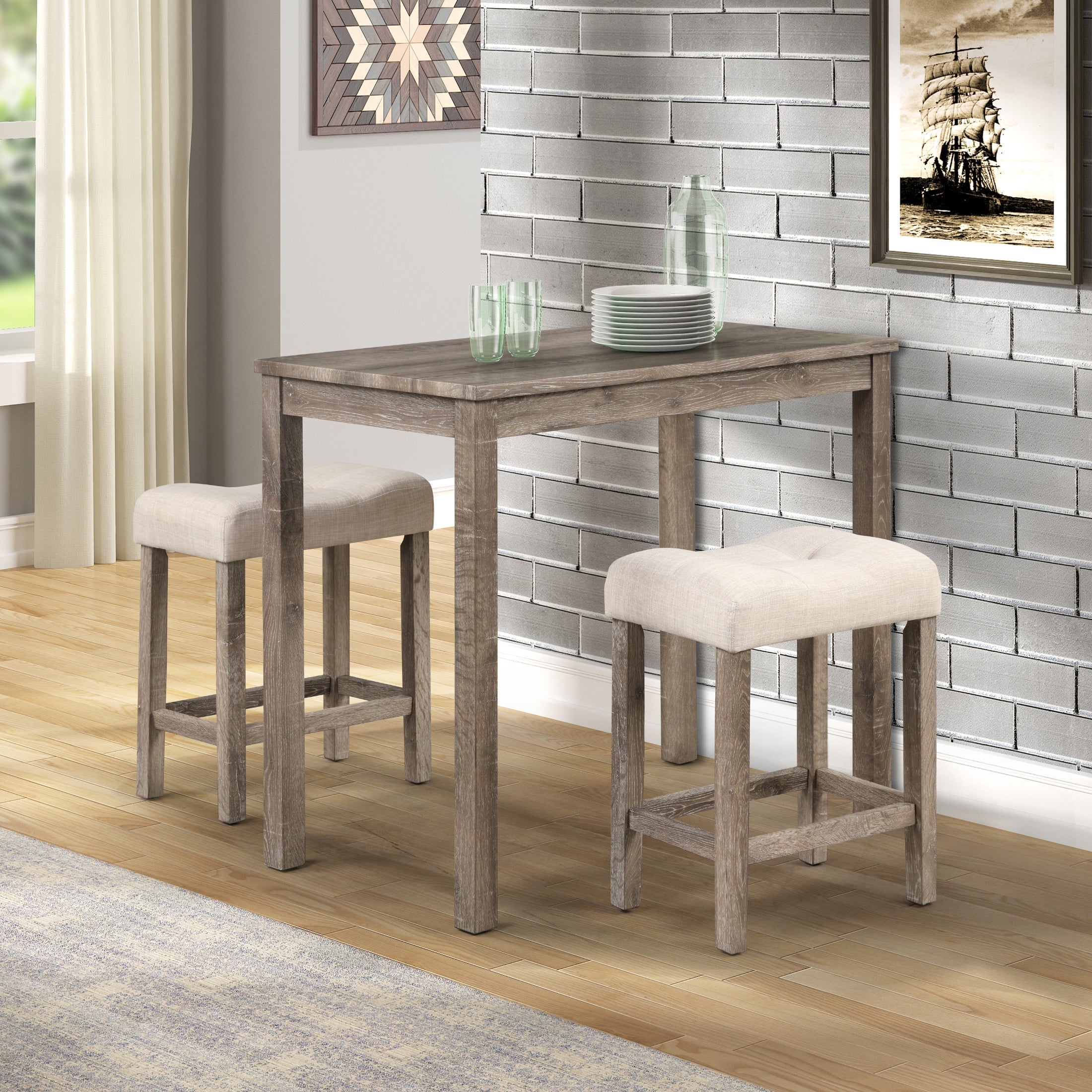Roundhill Furniture Sora Wood 3-Piece Counter Height Dining Set in Taupe - Perfect for Small Spaces, Breakfast Nooks & Modern Kitchens