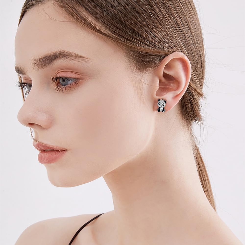 Hypoallergenic CZ Panda Stud Earrings for Women - Sterling Silver Plated Asymmetric Crystal Animal Huggie Earrings - Sensitive Ear Friendly Fashion Jewelry - Perfect Gift for Daughter, Sister & BFF - Great for Casual Wear, Date Nights & Special Occasions