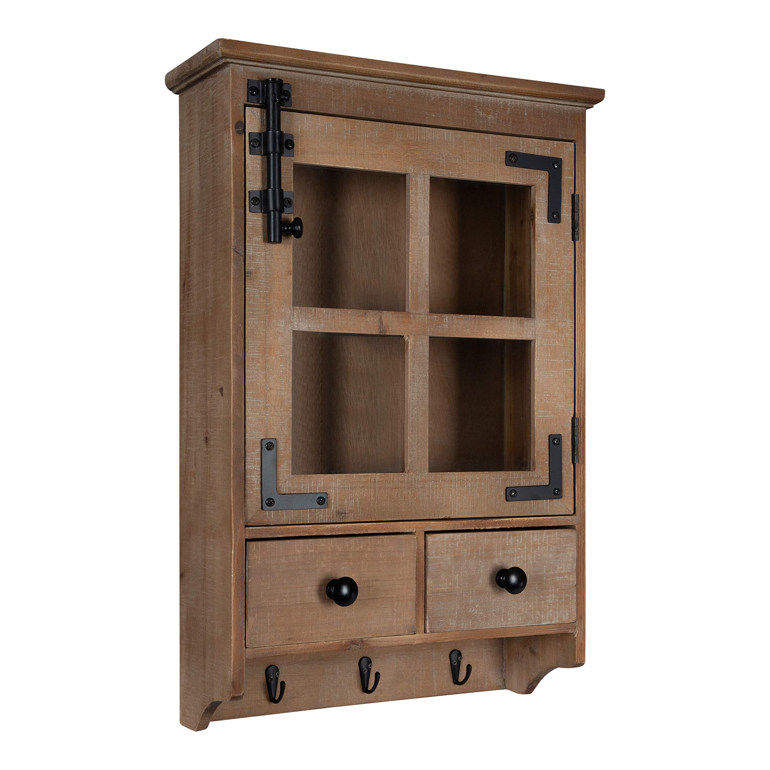 Rustic Brown Farmhouse Wood Wall Cabinet with Window Pane Glass Door & 2 Drawers - Decorative Storage for Kitchen, Bathroom or Living Room | Kate and Laurel Hutchins Collection