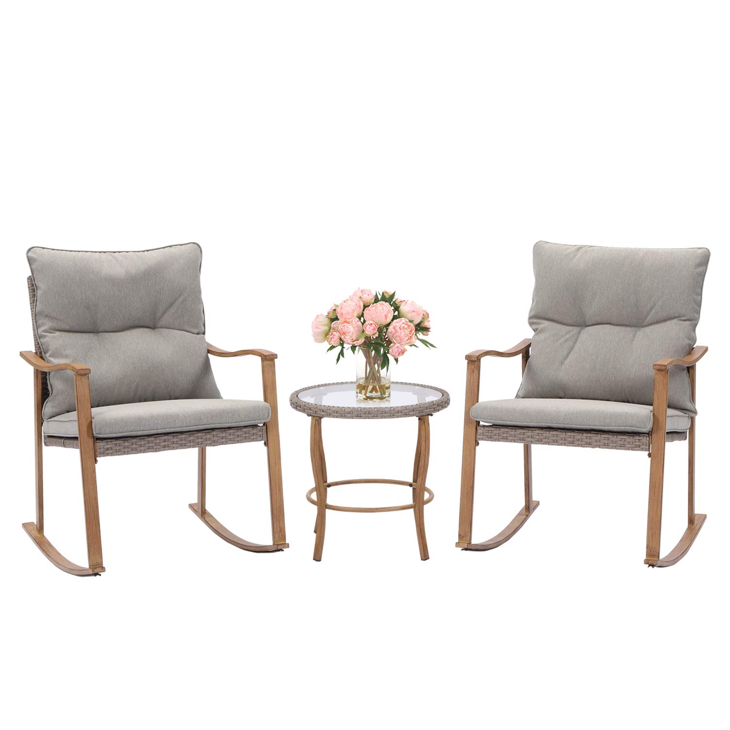 HOMPUS 3-Piece Outdoor Rocking Chair Set - Wicker Patio Furniture with Wood Armrests & Warm Gray Cushions, Includes Glass Coffee Table - Perfect for Front Porch, Balcony, Garden, and Backyard Relaxation
