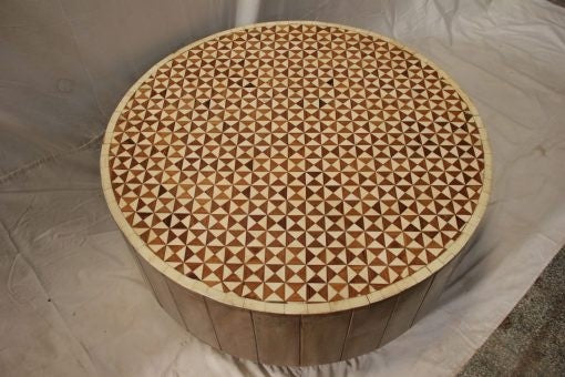 Handmade Bone Inlay Carved Round Coffee Table - Honeycomb Pattern 35.4''x35.4''x17.7'' - Boho Chic Living Room Furniture for Home Decor & Lounge