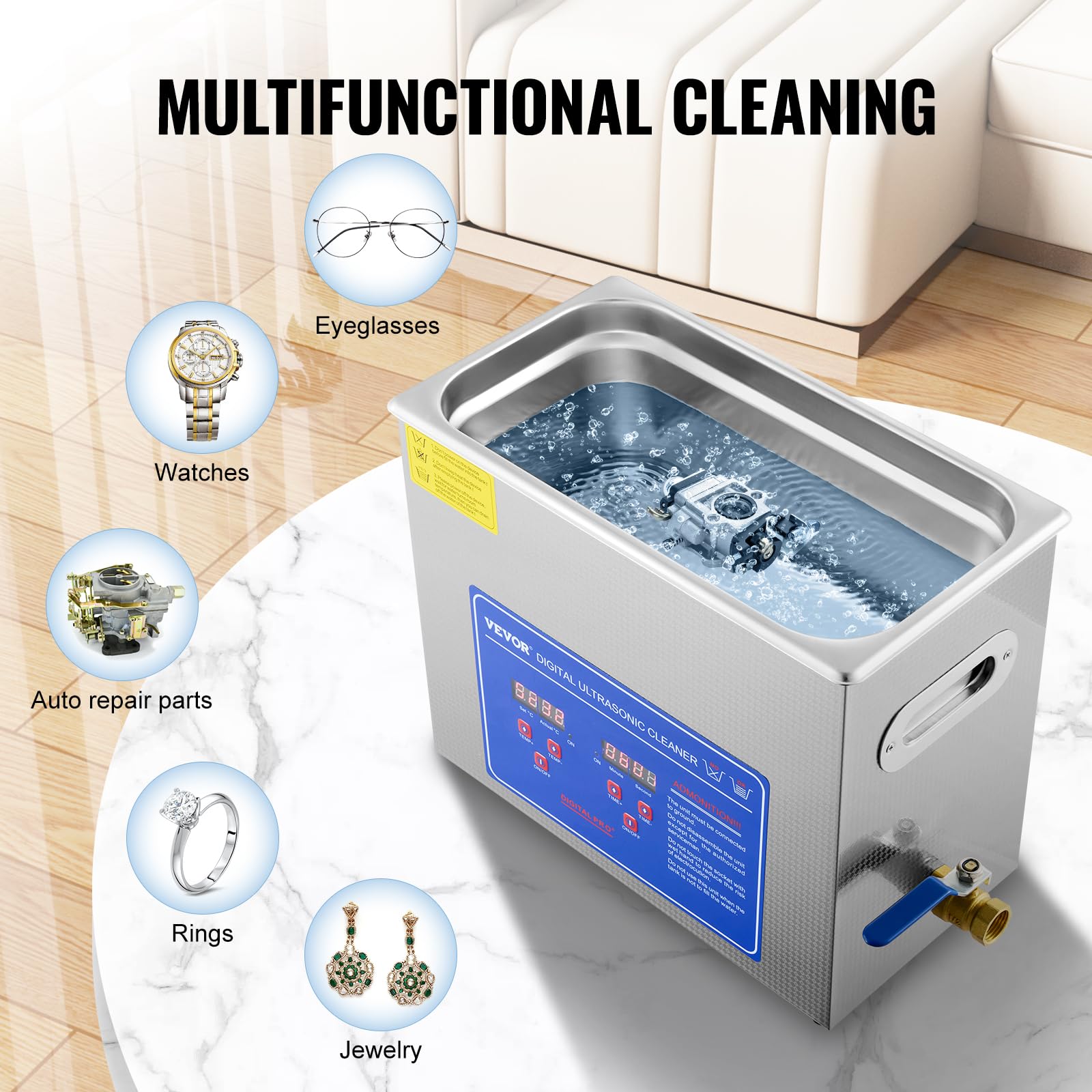 VEVOR 6L Commercial Ultrasonic Cleaner with Digital Timer & Heater, 40kHz Professional Cleaning Machine for Jewelry, Watches, Industrial Parts - Perfect for Home, Lab, and Workshop Use