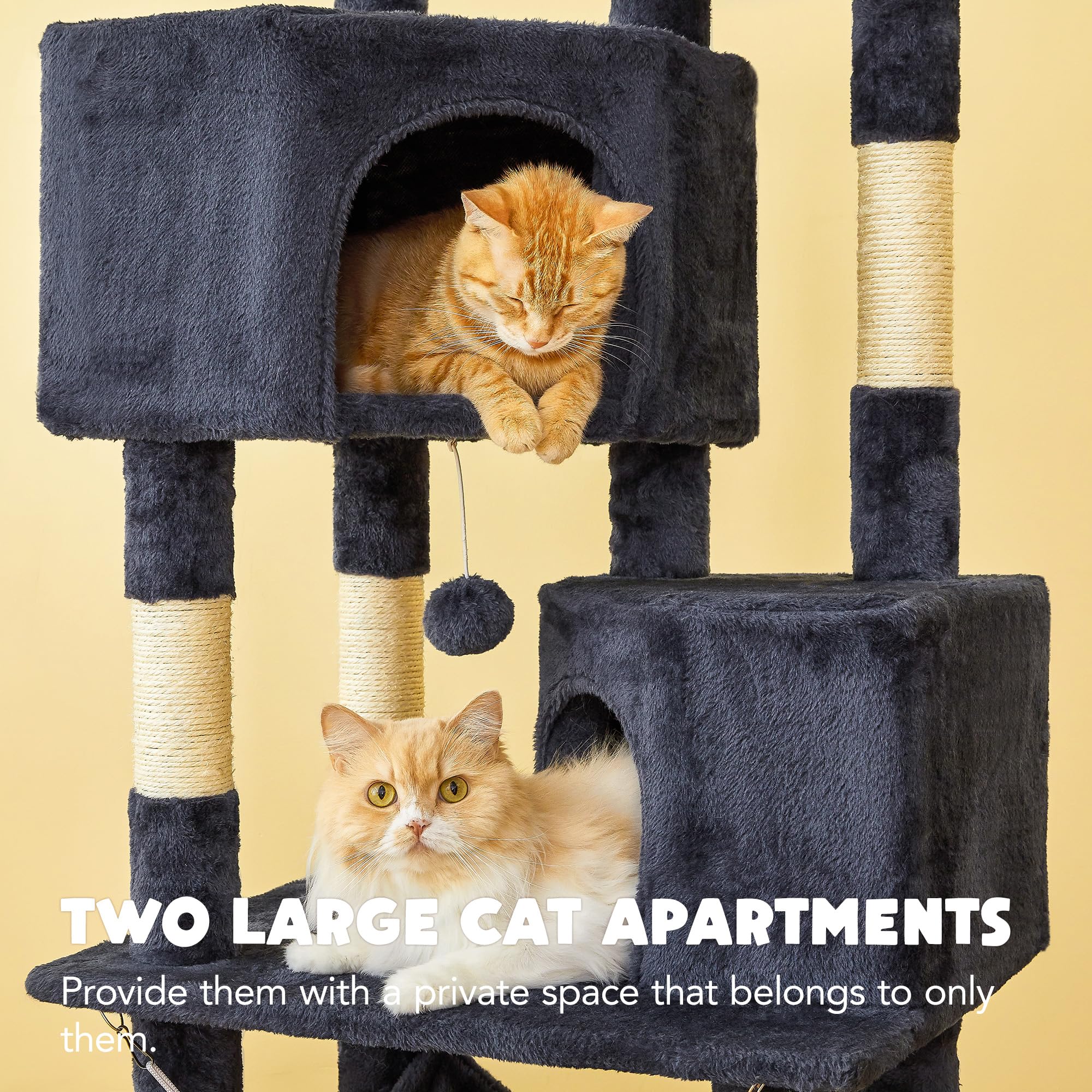 Premium Multi-Level Cat Tree for Indoor Cats - Tall Cat Tower with Condos, Sisal Scratching Posts & Hammock | Dangling Toys & Top Perch for Large Cats & Kittens | Smoky Grey | Perfect for Play, Rest & Climbing in Home or Apartment