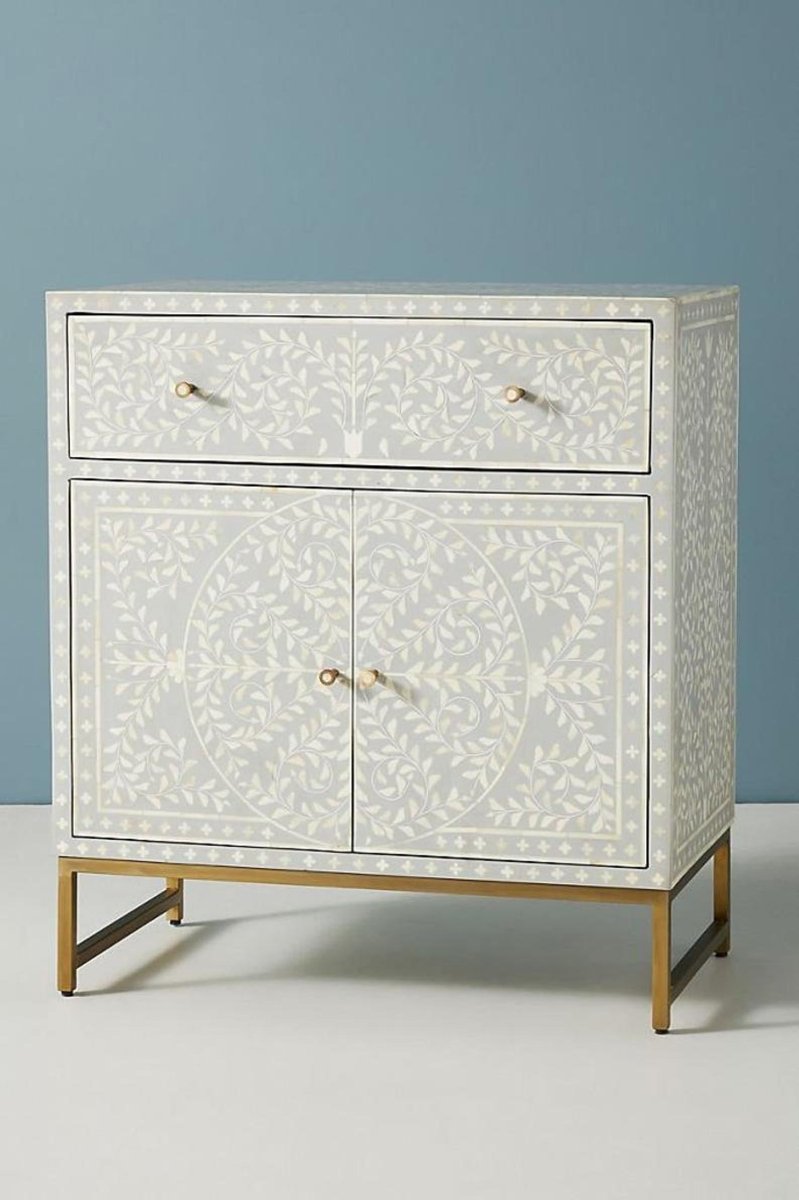 Handmade Grey Bone Inlay Entryway Console Table - Small Sideboard Buffet Cabinet for Hallway, Living Room & Dining Room Decor