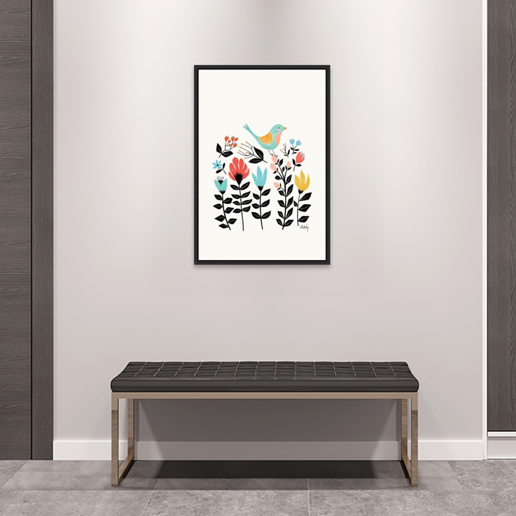 Amanti Art Framed Canvas Wall Art - 33x23 Folk Art Garden (Bird) by Annie Bailey, Modern Animal Painting for Home Decor | Perfect for Living Room, Bedroom & Bathroom | Large Framed Poster Artwork for Wall Decor