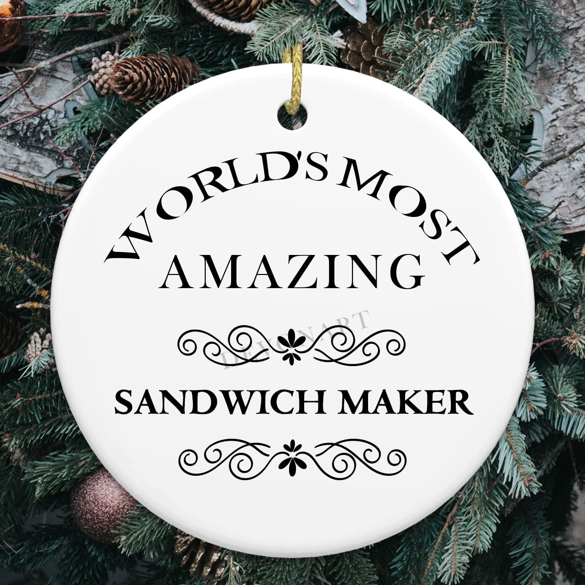 Funny 3'' Round Ceramic Sandwich Maker Ornament - Two-Sided Printed Christmas Tree Hanging Decor for Sandwich Lovers | Perfect Christmas Gift for Chefs & Job Pride | Kitchen-Themed Holiday Decoration for Home, Office & Christmas Tree