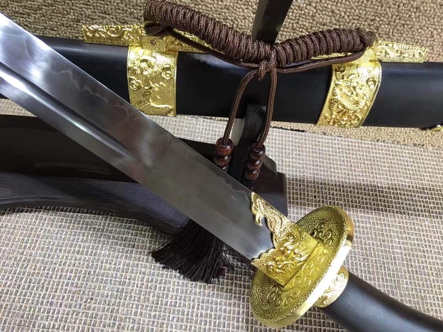 Hand Forged Chinese Broadsword - Pattern Steel Blade with Alloy & Black Wood Handle - Heat Tempered Sword for Martial Arts Training, Cosplay & Collectors