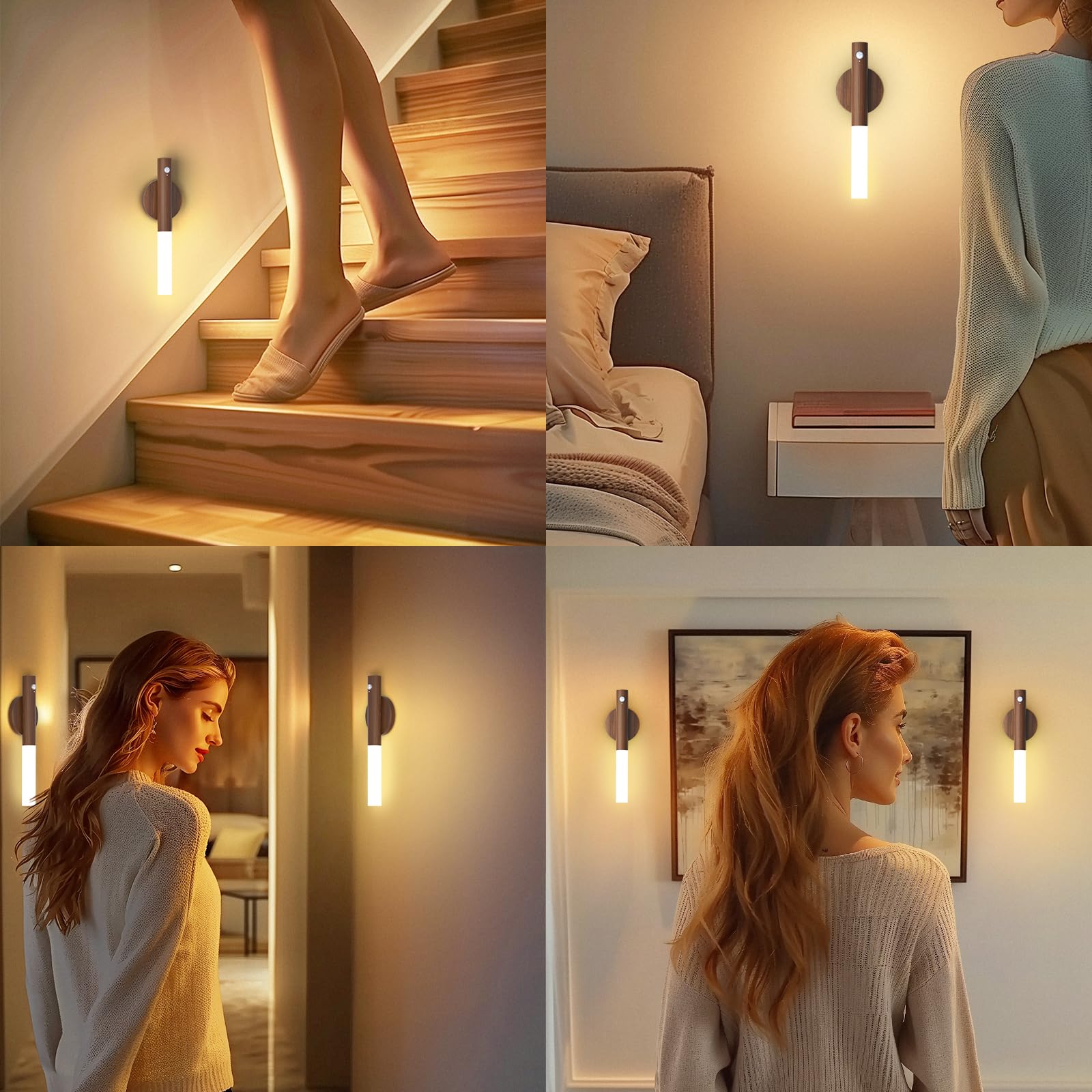 Rechargeable Motion Sensor Night Lights - 2200mAh Battery Operated Wall Sconces, Wireless Magnetic Stair Lights with Wooden Design for Hallway, Bedroom & Staircase | Portable Indoor Lighting Solution for Safety & Convenience
