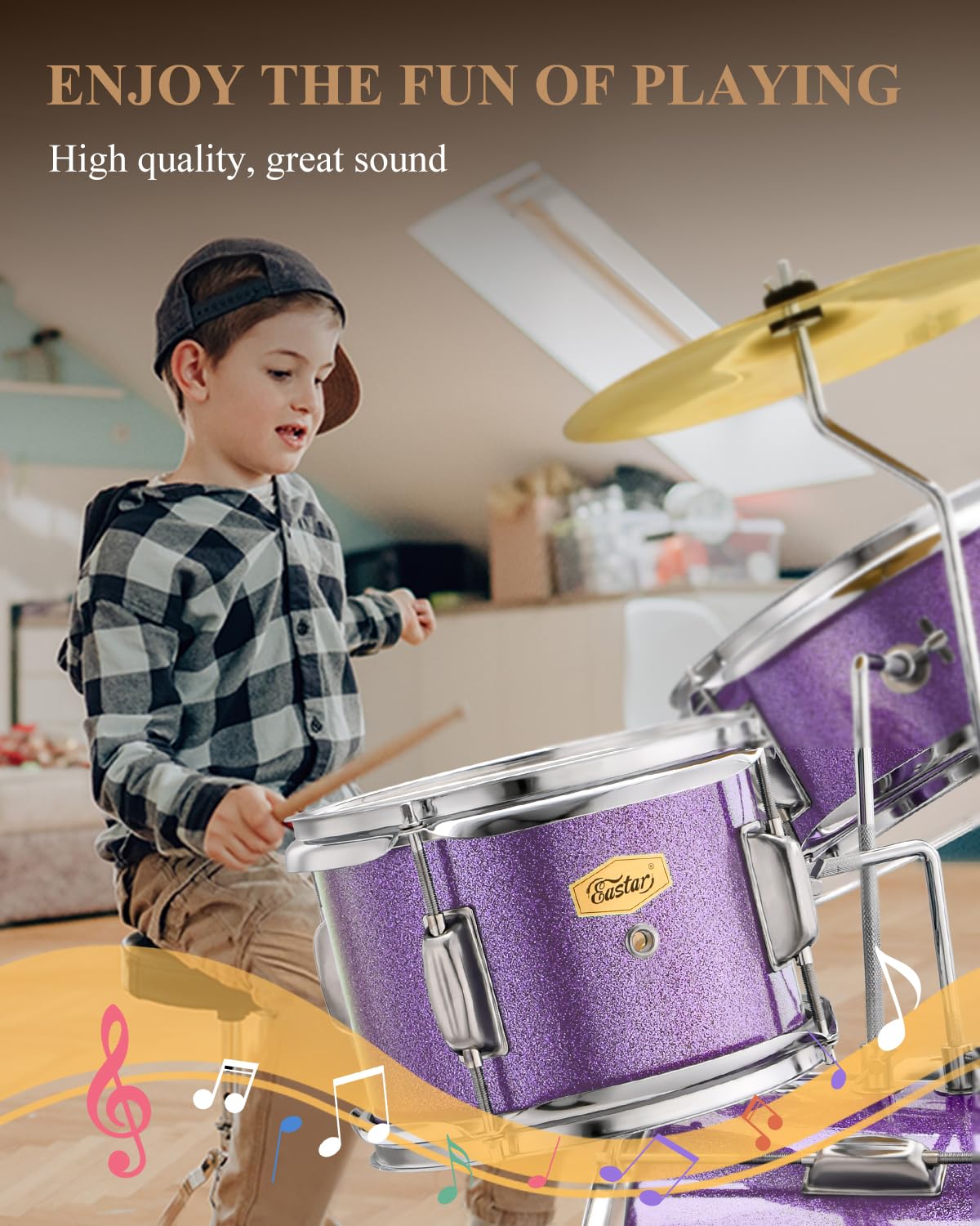 Eastar 14 Inch 3-Piece Junior Drum Set for Beginners - Complete Kit with Bass Drum, Tom, Snare, Adjustable Throne, Cymbal, Pedal & Drumsticks (Metallic Purple) - Perfect for Kids, Teens & First-Time Drummers - Home Practice, Music Lessons & Rock Band Performances