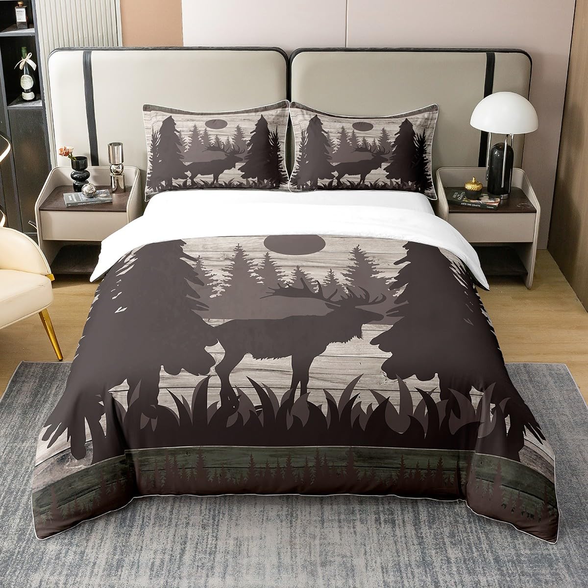 100% Natural Cotton Retro Moose & Trees Silhouette Duvet Cover - Queen Size, Vintage Wooden Stripes Farmhouse Style Comforter Cover for Teens & Youth, Wild Animals Plants Super Soft Bedding Set (Not Comforter Included) - Perfect for Cozy Cabin, Lodge & Rustic Bedroom Decor