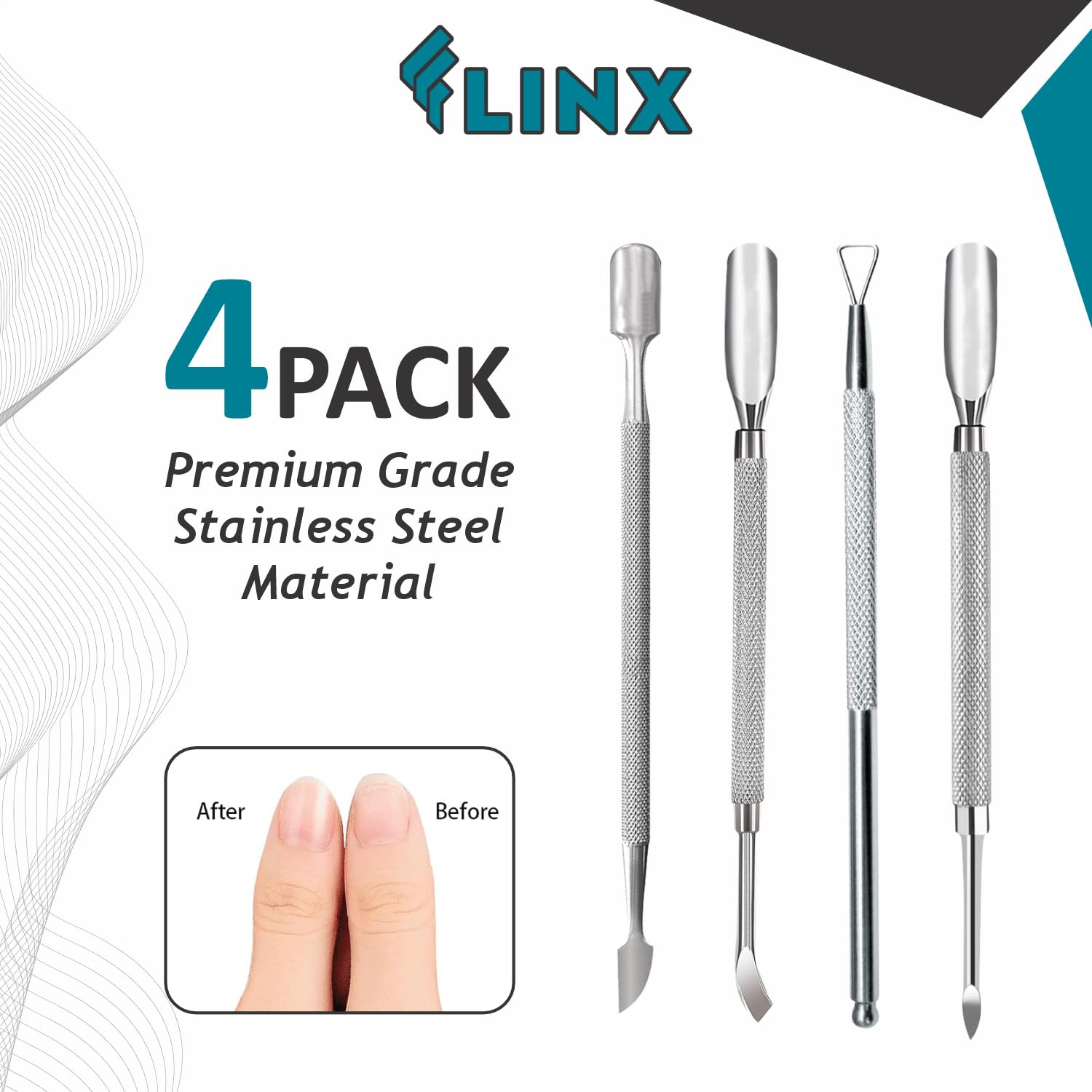 FLINX 4-Piece Metal Cuticle Pusher Set - Professional Nail Manicure & Pedicure Tools with Scraper - Perfect Gift for Men & Women - Ideal for Home Nail Care & Salon Use