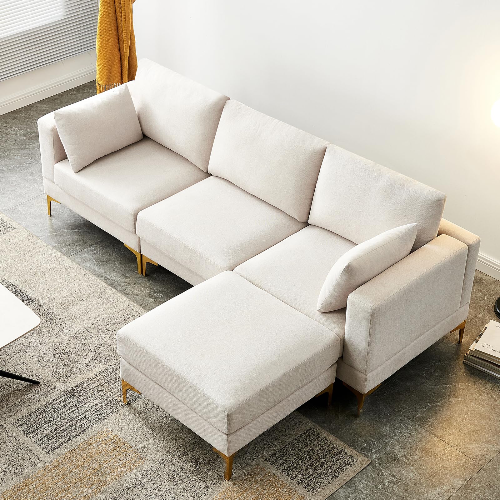NIOIIKIT Modular Sectional Sofa - L-Shaped Upholstered Couch with Ottoman & Throw Pillows, 3-Seat Convertible Sofa with Chaise Lounge, Deep Seat Living Room Furniture for Small Spaces (Beige) | Perfect for Apartments, Home Theater & Family Gatherings