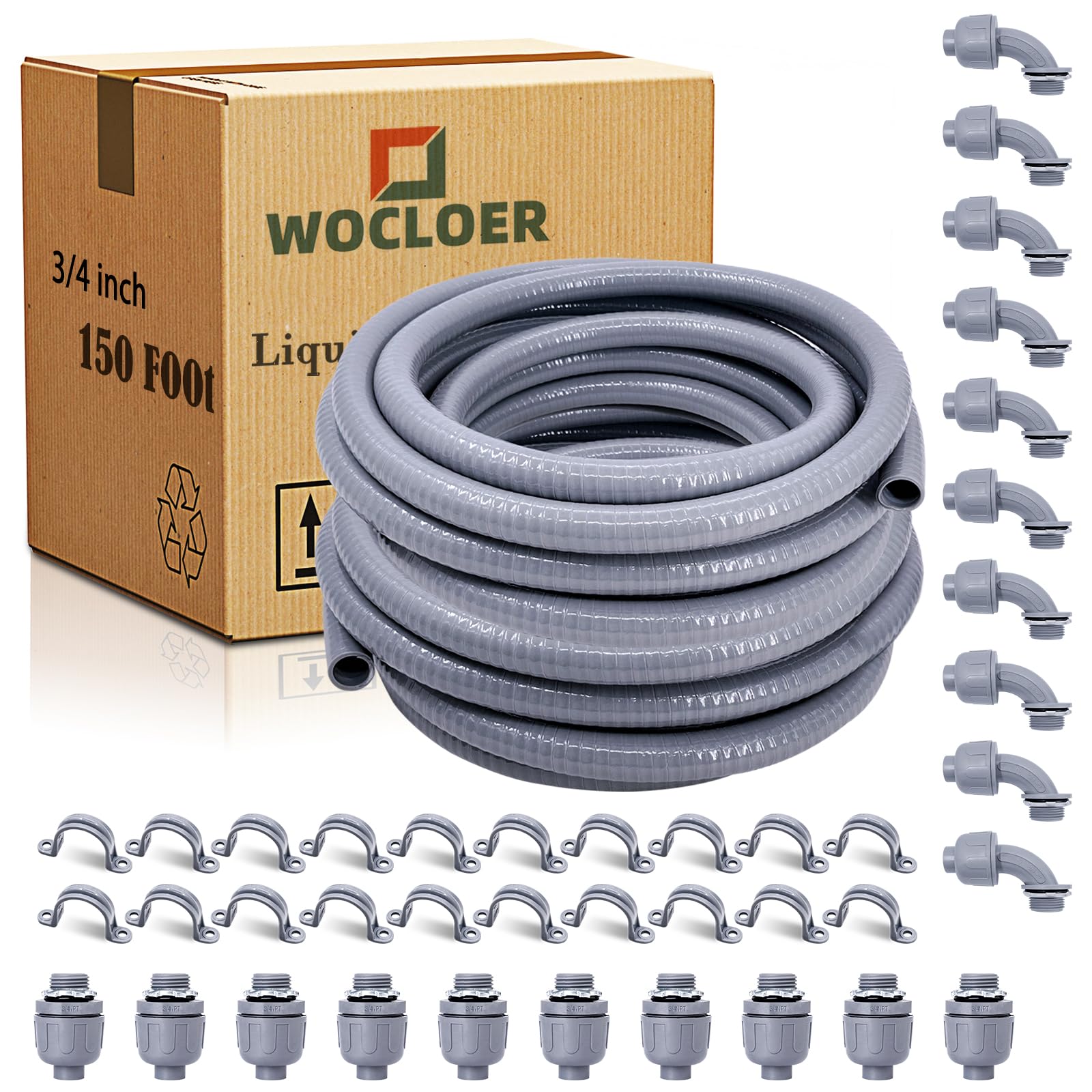 3/4 Inch 150ft Flexible Non-Metallic Liquid-Tight Electrical Conduit Kit with 10 Straight & 10 Angle Fittings + Pipe Straps - for Outdoor Wiring, Underground Installations & Industrial Electrical Projects